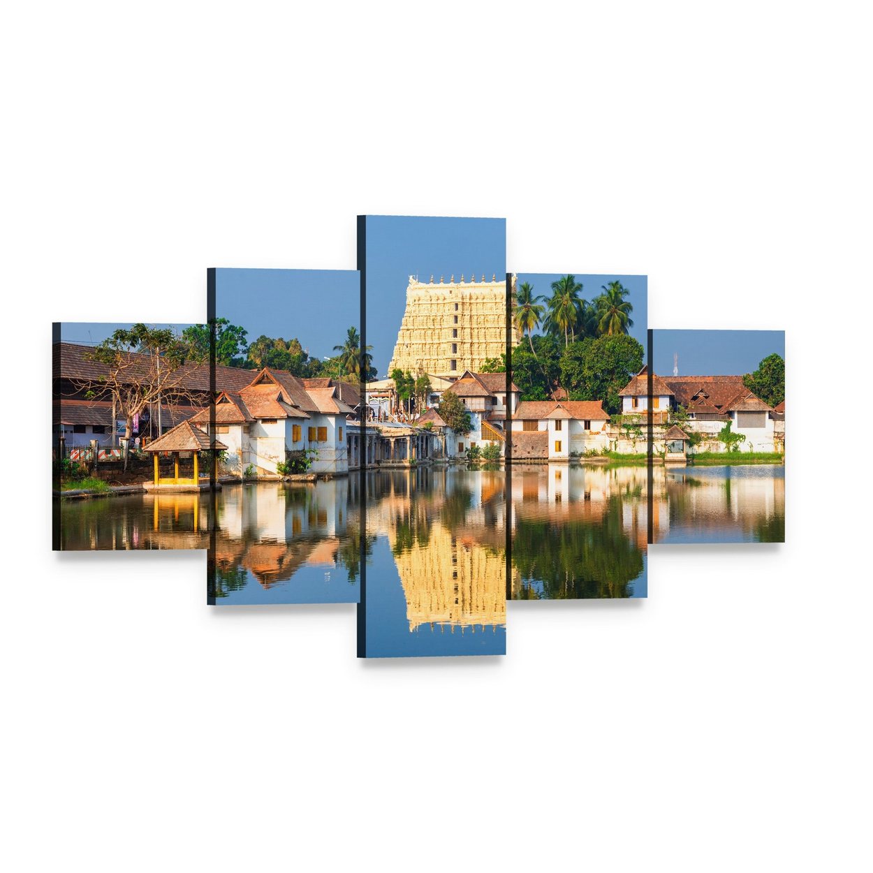 Thiruvananthapuram Temple Reflection Canvas Wall Art, 5 panel 5 Star layout gallery wrapped canvas set, angled product view