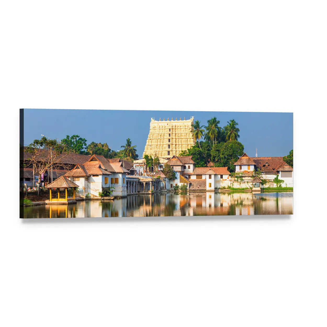 Padmanabhaswamy Temple Reflected on Lake Panoramic Canvas Wall Art, single panel gallery wrapped canvas, angled product view