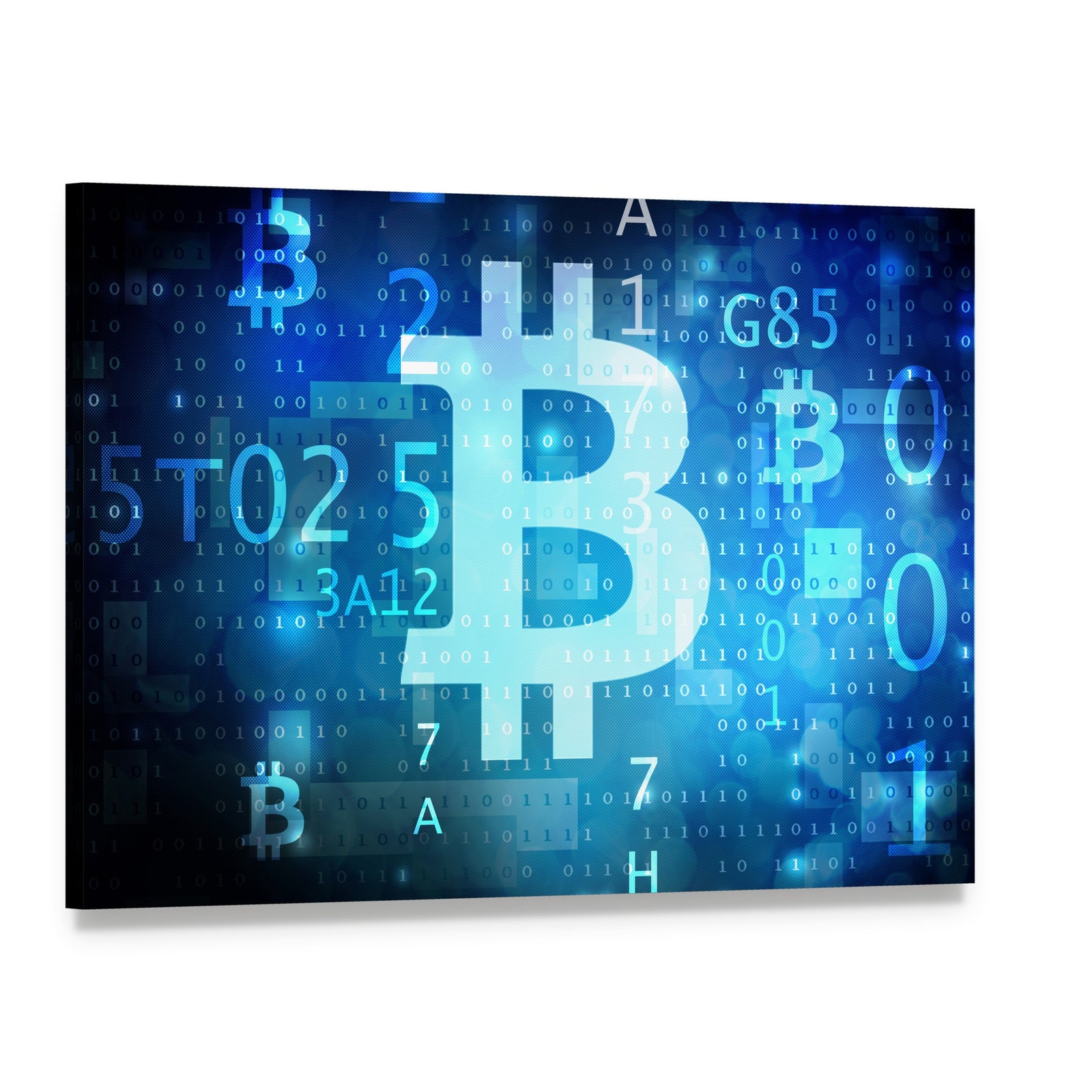 Bitcoin Symbol on Blue Digital Grid Canvas Wall Art, single panel gallery wrapped canvas, angled product view