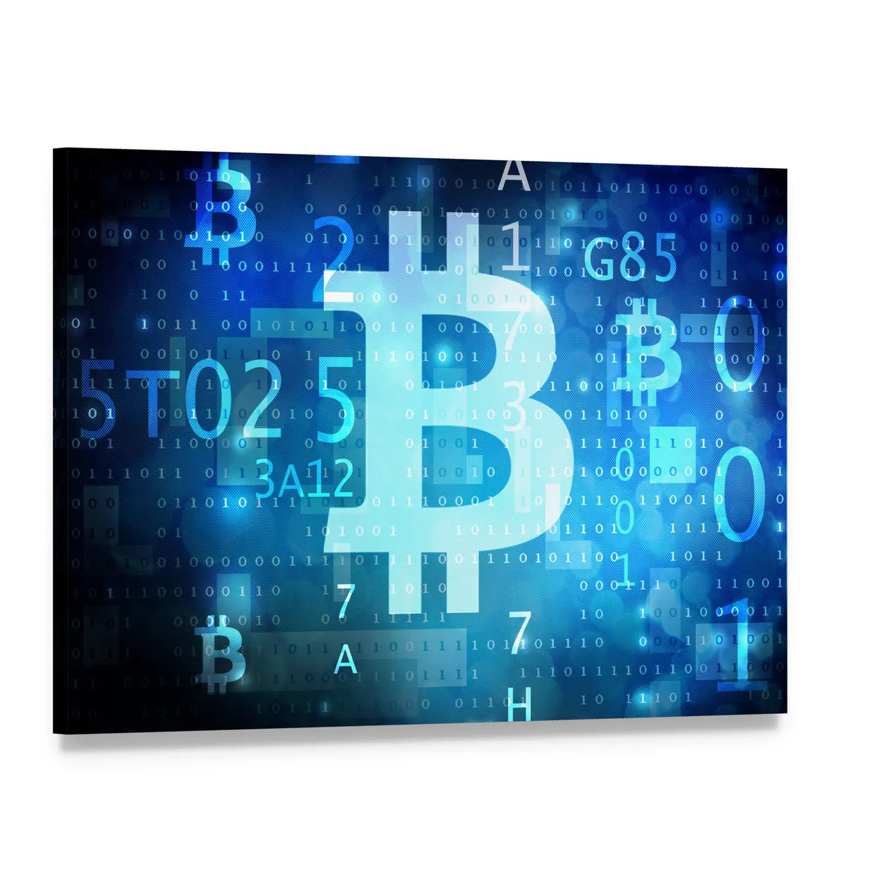 Bitcoin Logo with Binary Code Canvas Wall Art, single panel gallery wrapped canvas, angled product view