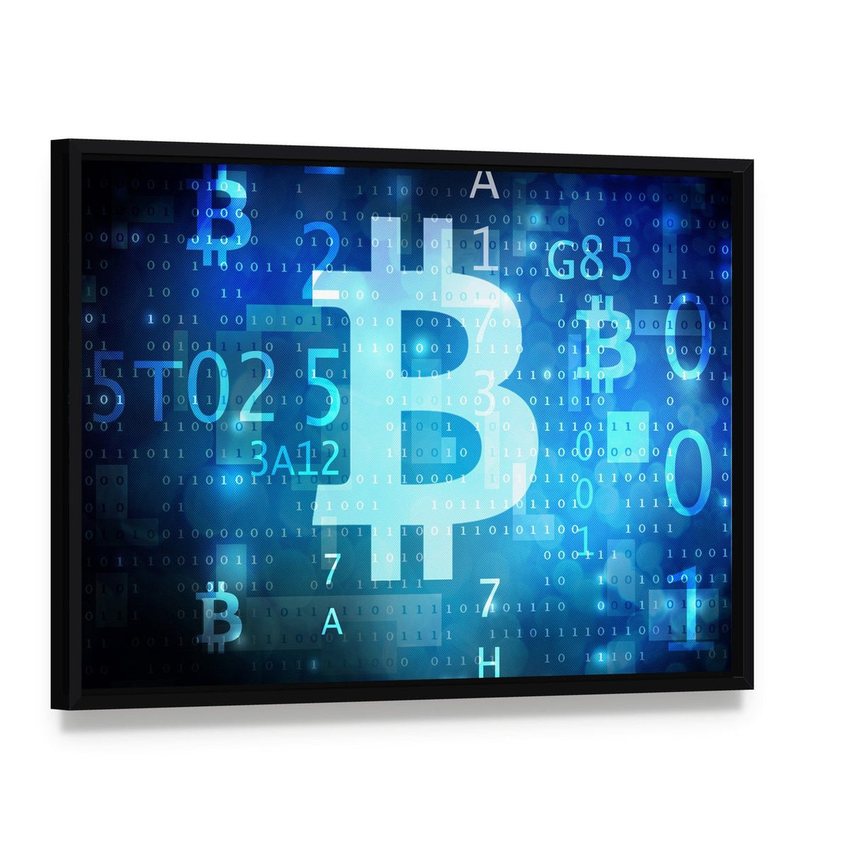 Bitcoin Symbol on Blue Digital Grid Canvas Wall Art, framed canvas in a black floater frame, angled product view