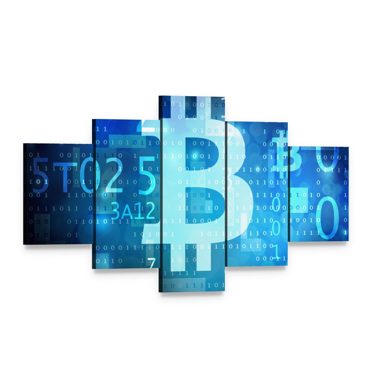 Bitcoin Symbol on Blue Digital Grid Canvas Wall Art, 5 panel 5 Star layout gallery wrapped canvas set, angled product view