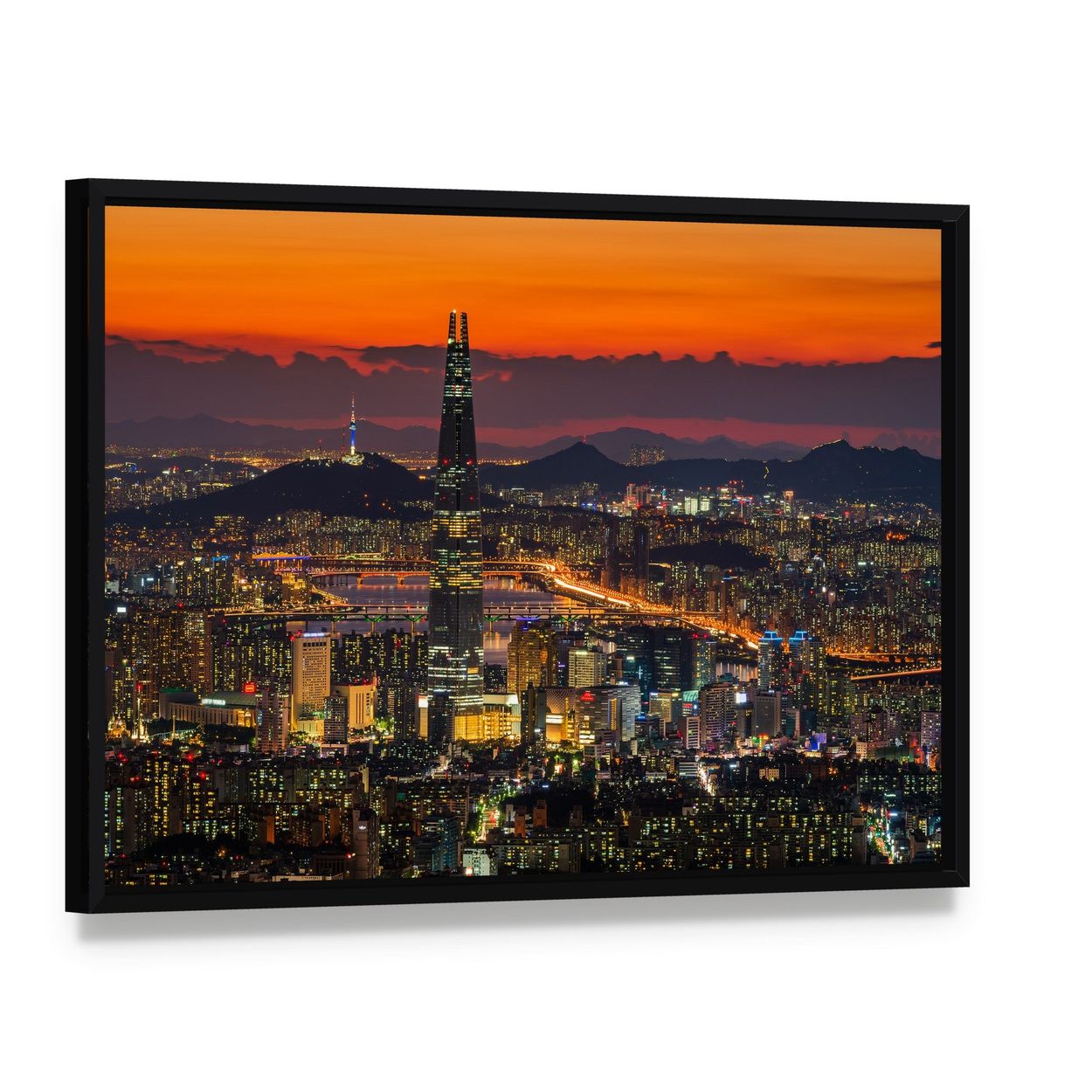 Seoul Skyline at Dusk Canvas Wall Art, framed canvas in a black floater frame, angled product view