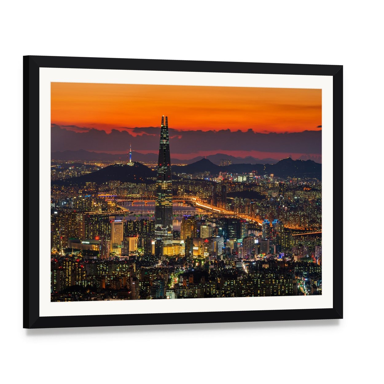 Seoul Skyline at Dusk Canvas Wall Art, framed print with white mat and black frame, angled product view