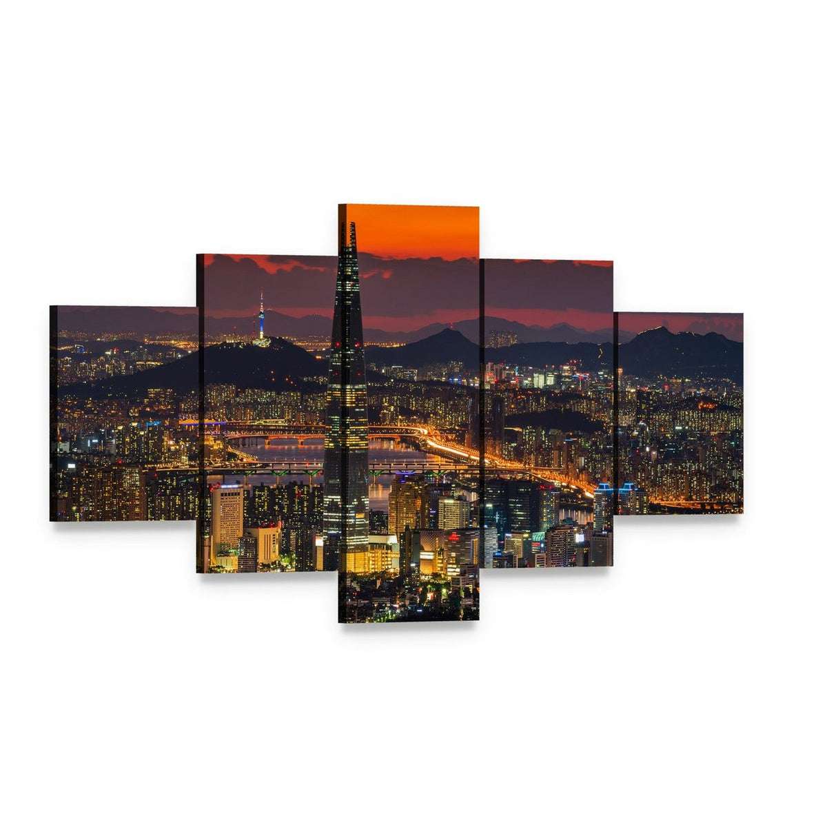 Seoul Skyline at Dusk Canvas Wall Art, 5 panel 5 Star layout gallery wrapped canvas set, angled product view
