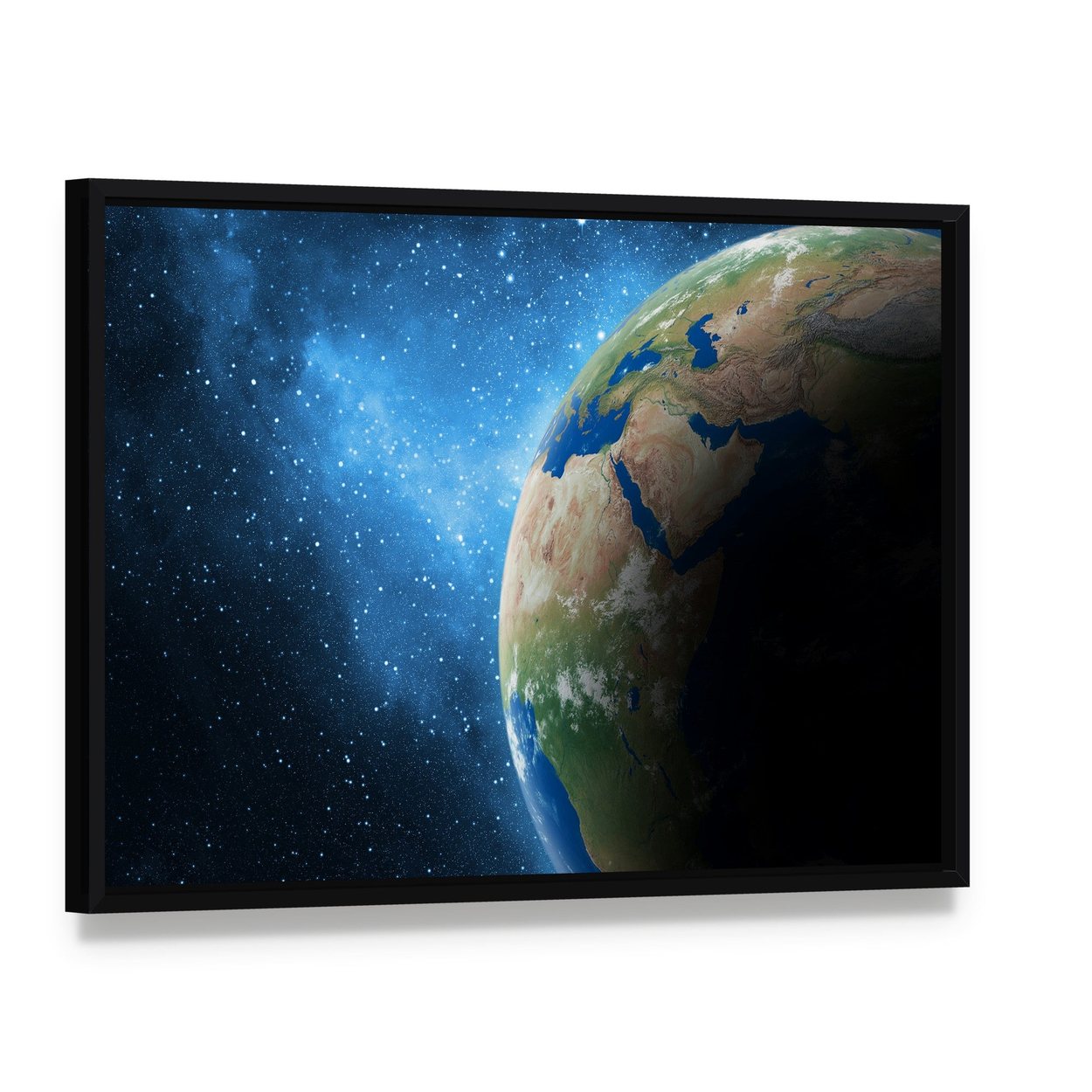 Earth and Galaxy Canvas Wall Art, framed canvas in a black floater frame, angled product view