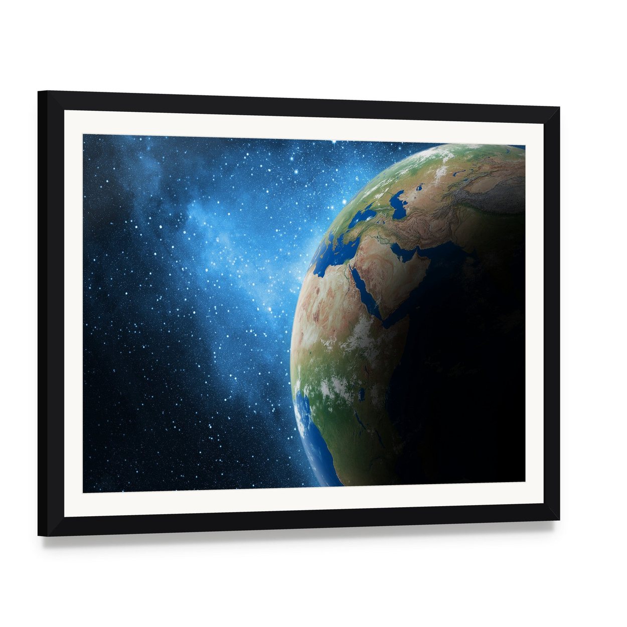 Earth and Galaxy Canvas Wall Art, framed print with white mat and black frame, angled product view