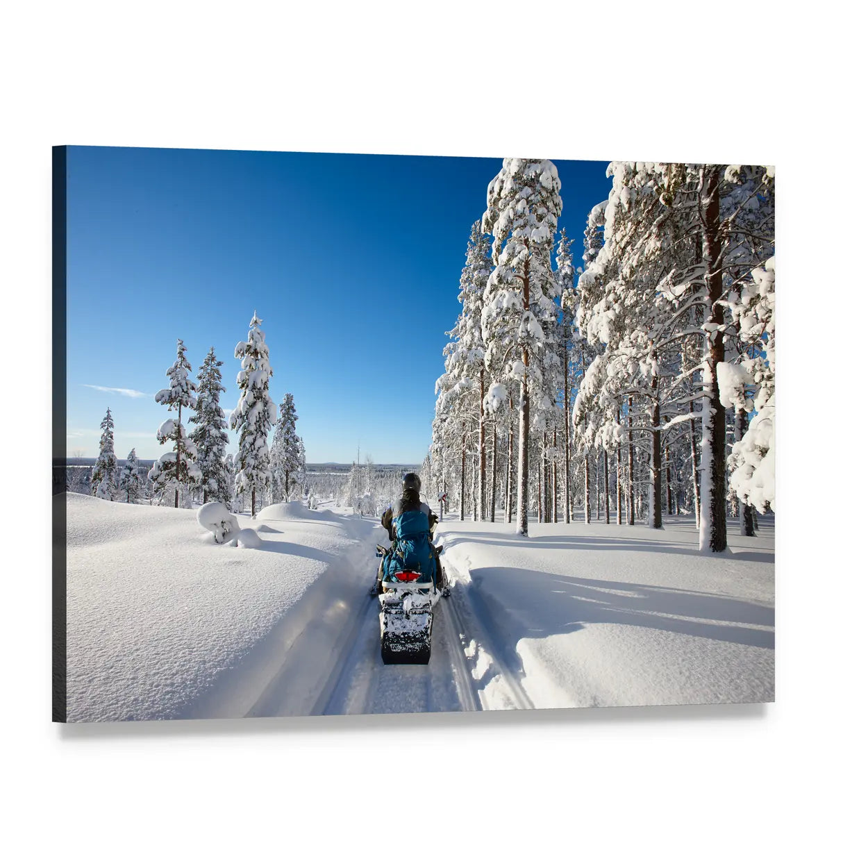 Snowmobile in Finnish Lapland Canvas Wall Art, single panel gallery wrapped canvas, angled product view