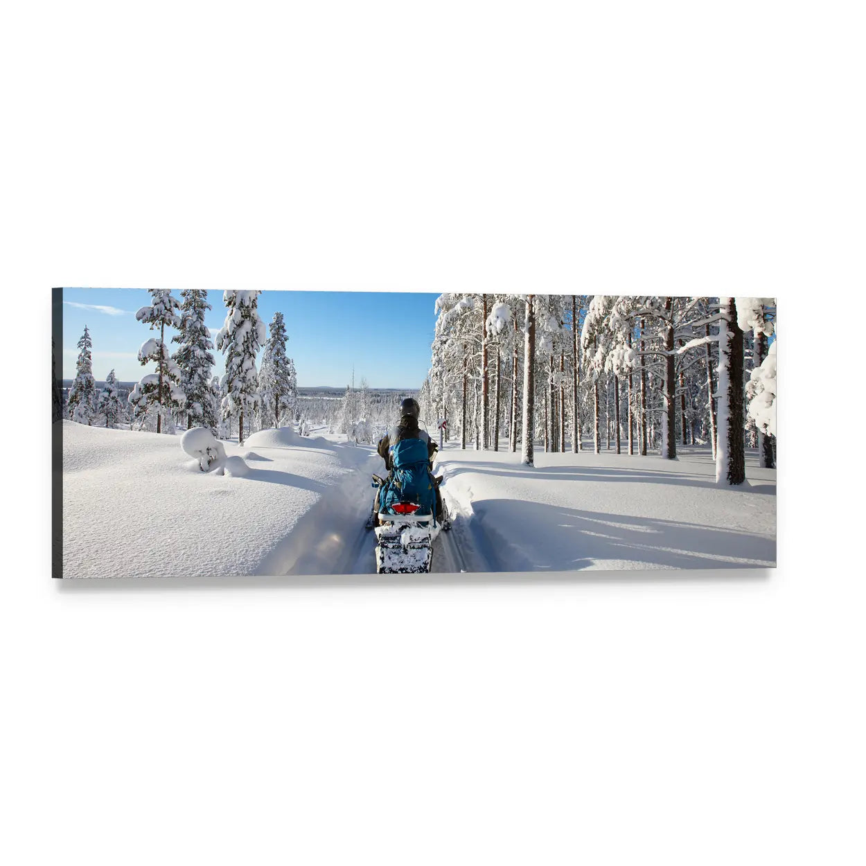 Snowmobile Ride in Finnish Lapland Panoramic Canvas Wall Art, single panel gallery wrapped canvas, angled product view