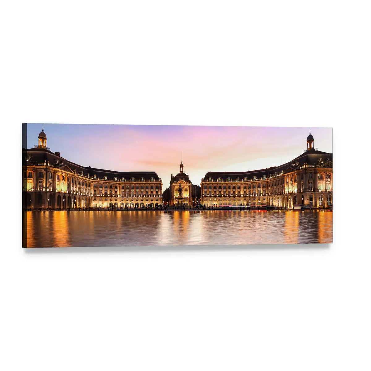 Place De La Bourse Reflection at Dusk Panoramic Canvas Wall Art, single panel gallery wrapped canvas, angled product view