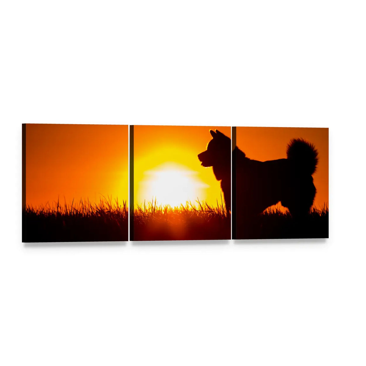 Dog Silhouette at Golden Sunset Panoramic Canvas Wall Art, 3 panel 3 Piece layout gallery wrapped canvas set, angled product view