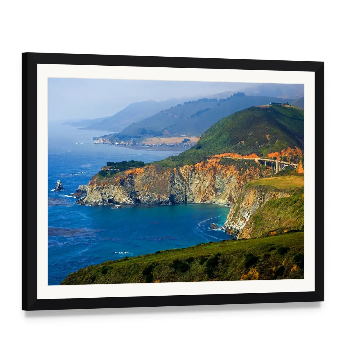 Big Sur Coast and Bixby Creek Bridge Canvas Wall Art, framed print with white mat and black frame, angled product view