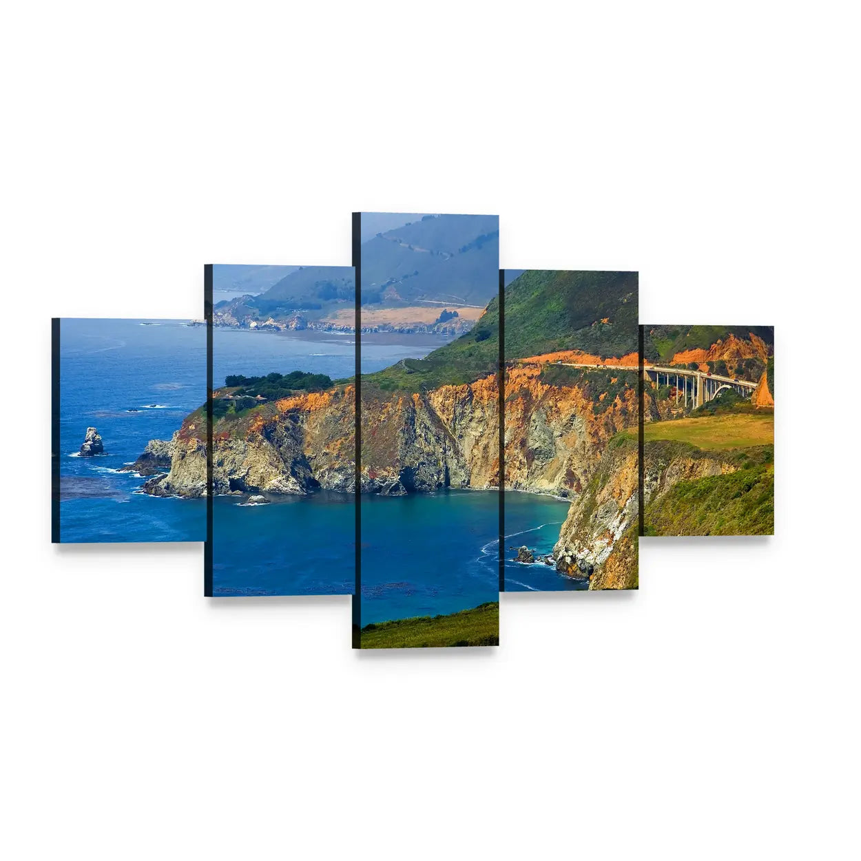 Big Sur Coast and Bixby Creek Bridge Canvas Wall Art, 5 panel 5 Star layout gallery wrapped canvas set, angled product view