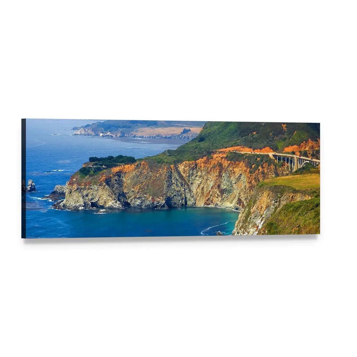 Big Sur Coastal Cliffs with Bridge Panoramic Canvas Wall Art, single panel gallery wrapped canvas, angled product view