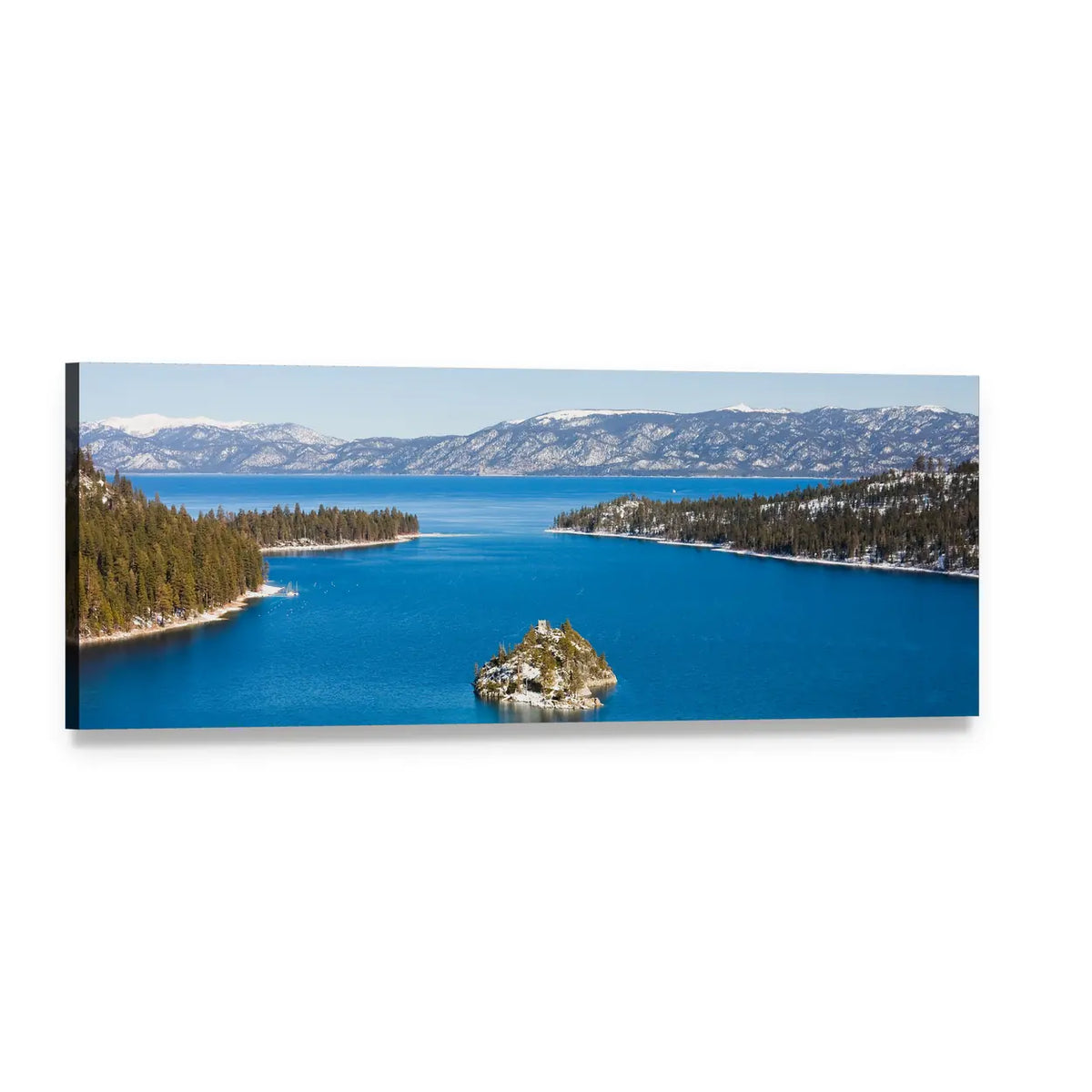 Emerald Bay in Winter Panoramic Canvas Wall Art, single panel gallery wrapped canvas, angled product view