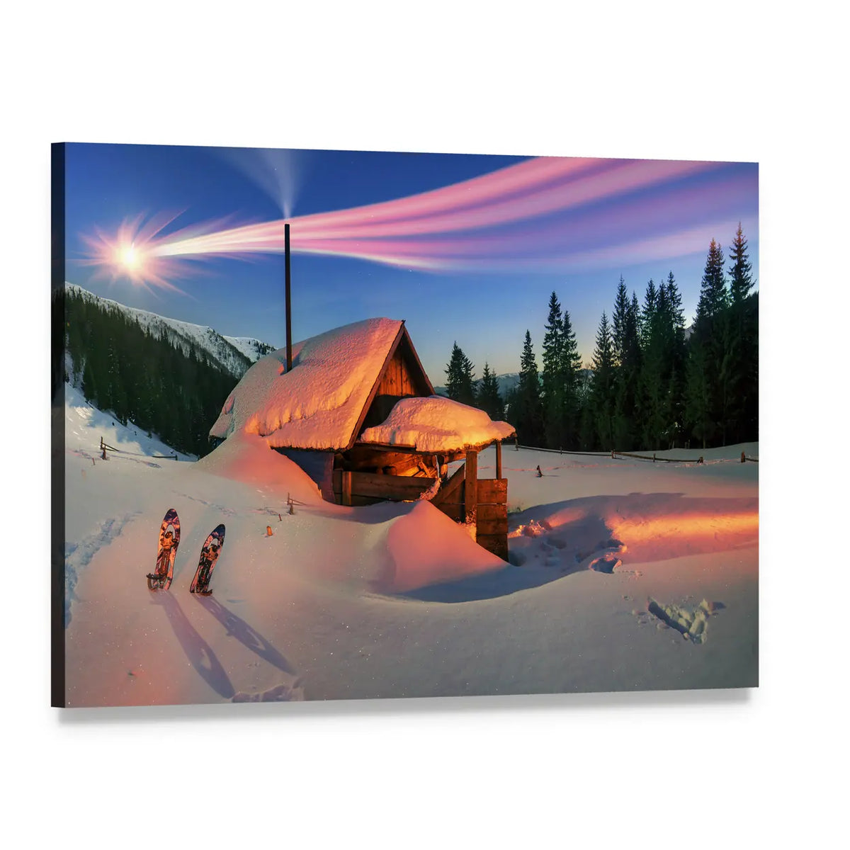 Snow-covered Cabin with Pink Comet Trail Canvas Wall Art, single panel gallery wrapped canvas, angled product view