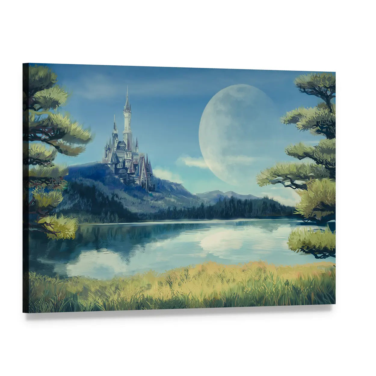 Gothic Castle by Moonlit Lake Canvas Wall Art, single panel gallery wrapped canvas, angled product view