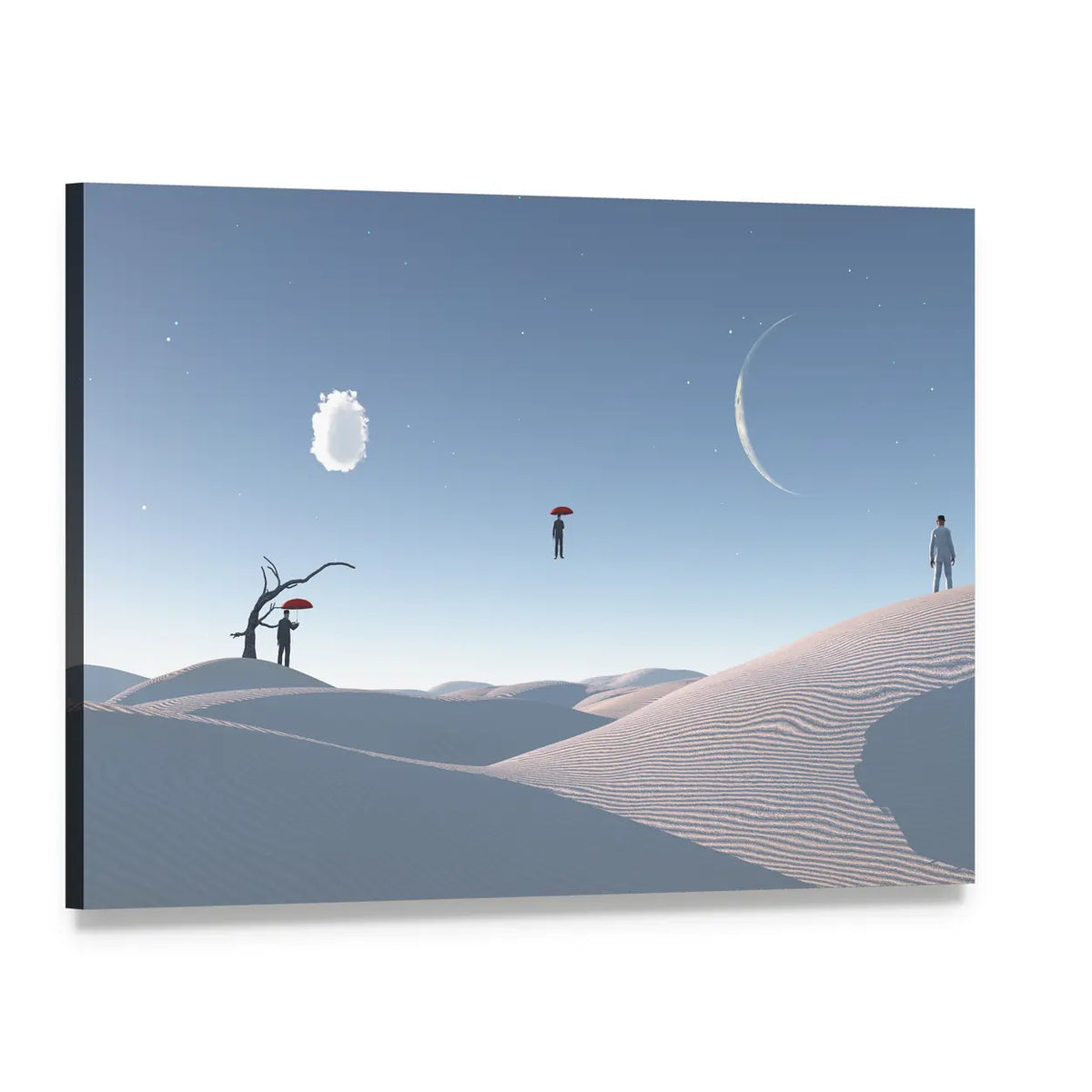 Floating Man with Umbrella in Surreal Desert Canvas Wall Art, single panel gallery wrapped canvas, angled product view