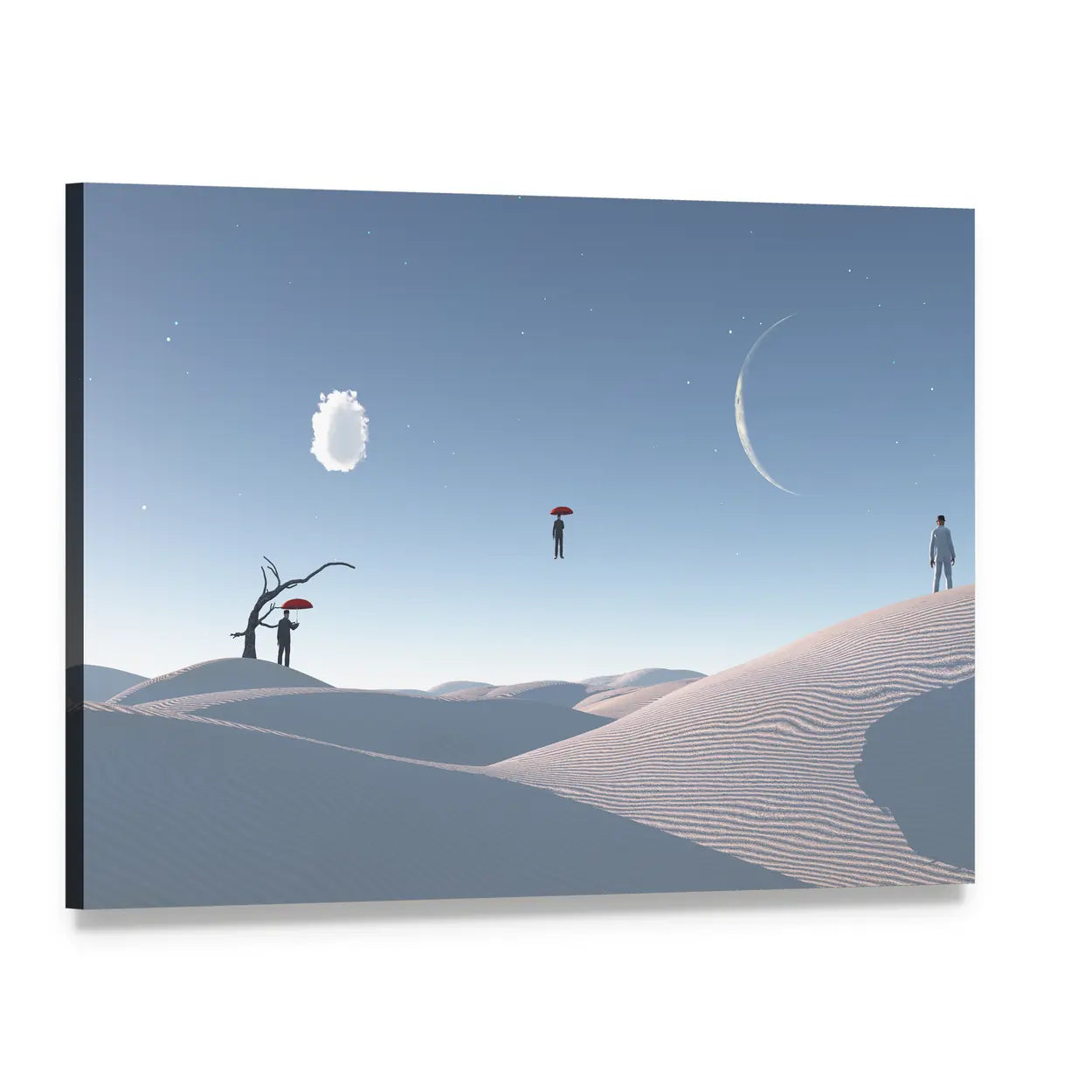 Floating Man with Umbrella in Surreal Desert Canvas Wall Art, single panel gallery wrapped canvas, angled product view
