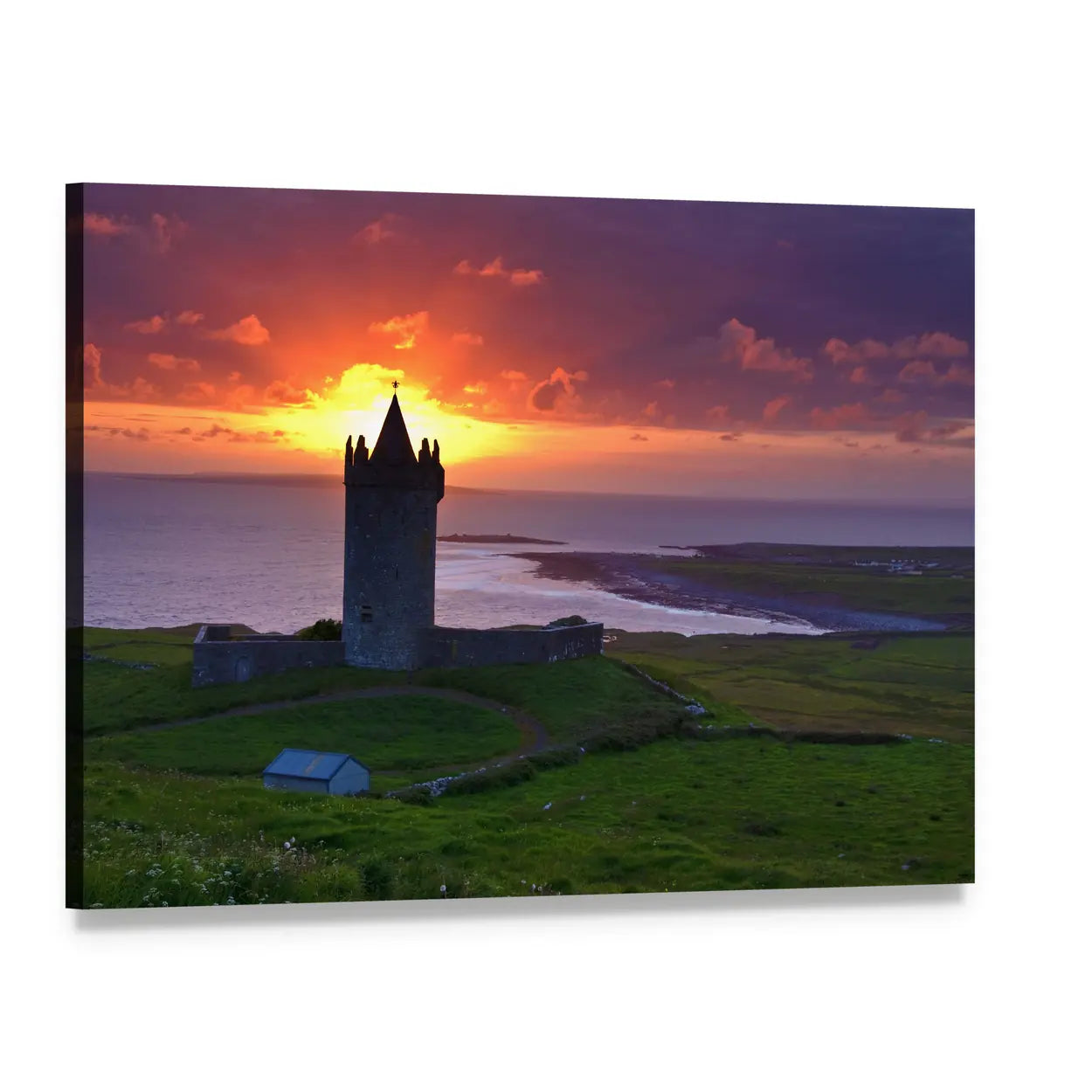 Sunset Over Ancient Coastal Castle Canvas Wall Art, single panel gallery wrapped canvas, angled product view
