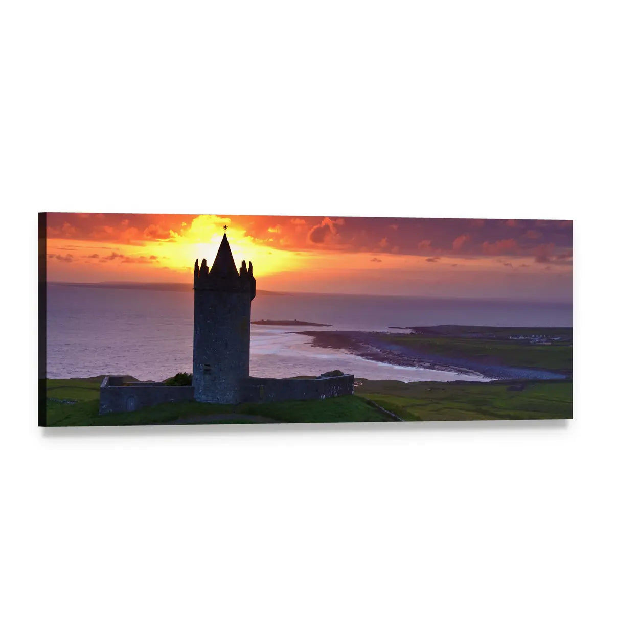 Ancient Irish Castle at Sunset Panoramic Canvas Wall Art, single panel gallery wrapped canvas, angled product view