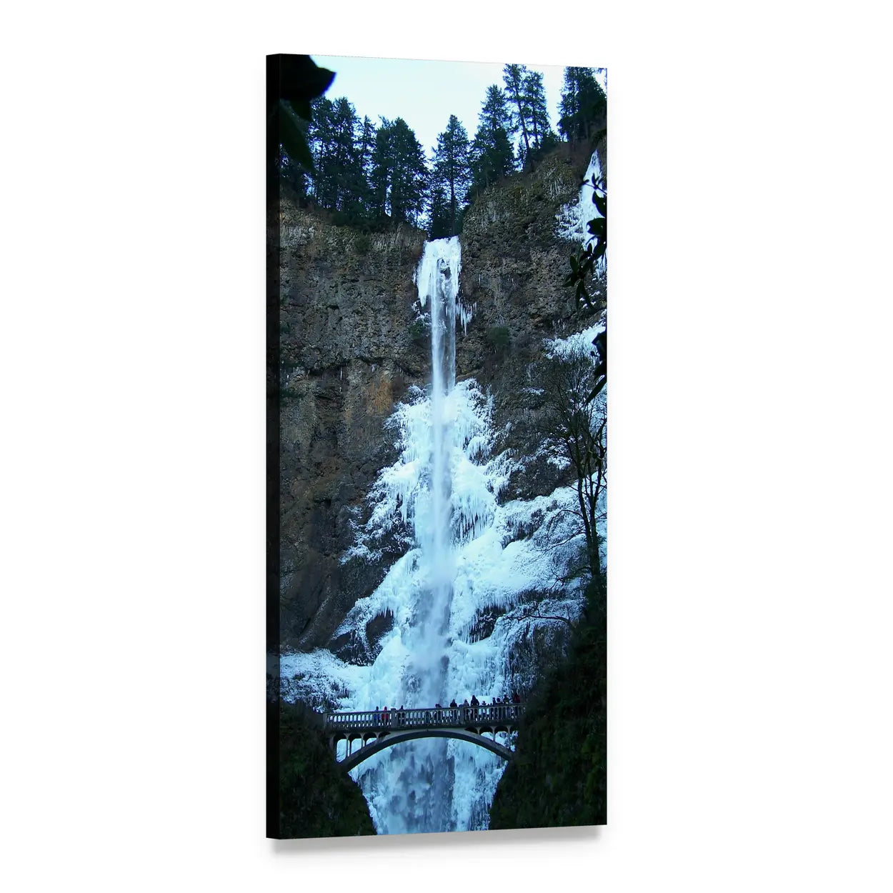Benson Bridge at Frozen Multnomah Falls Vertical Canvas Wall Art, 1 panel 1 Vertical layout gallery wrapped canvas set, angled product view