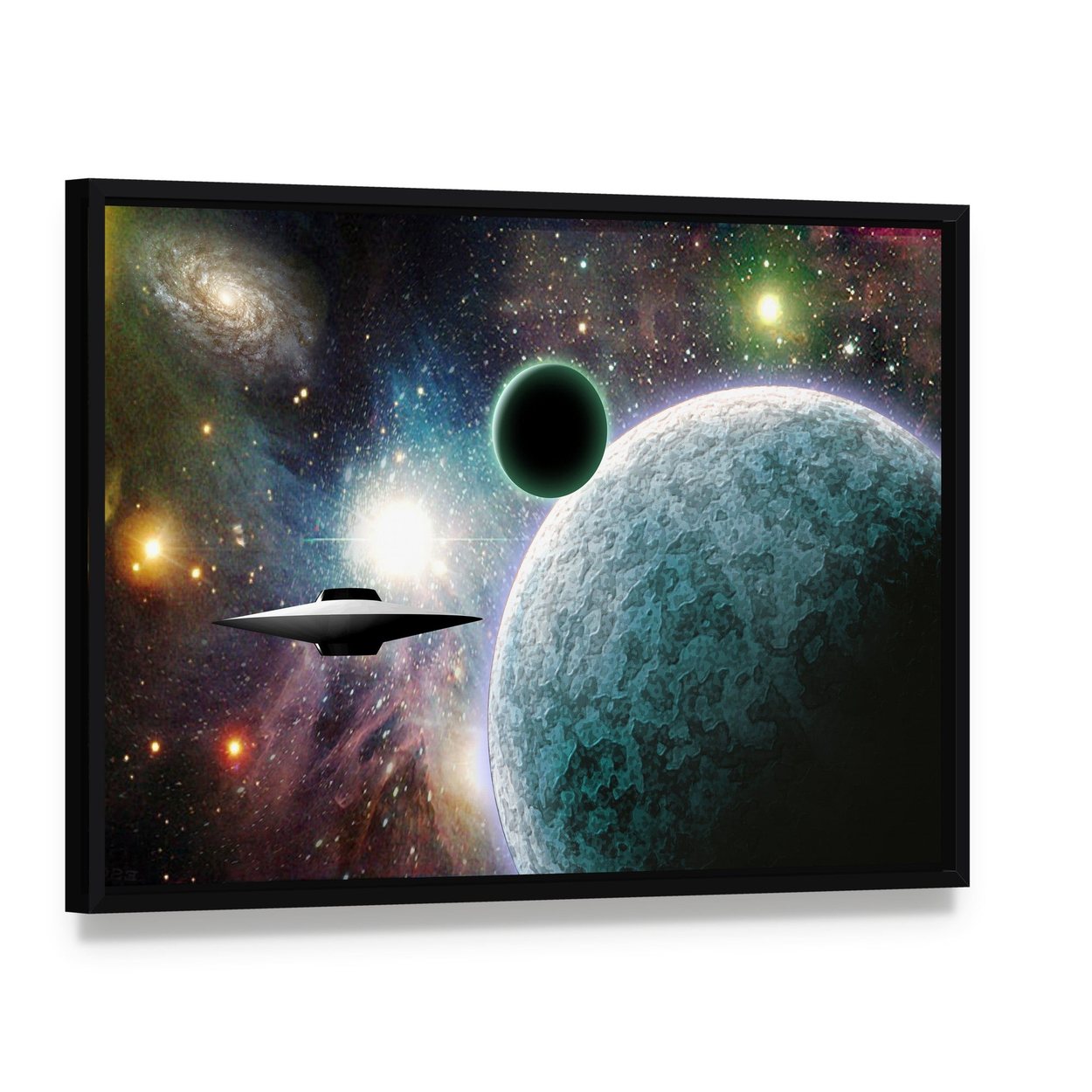 Aliens Ufo in Deep Space Canvas Wall Art, framed canvas in a black floater frame, angled product view