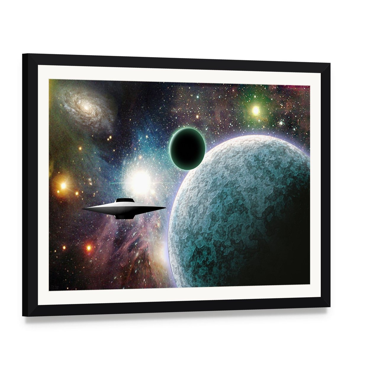 Aliens Ufo in Deep Space Canvas Wall Art, framed print with white mat and black frame, angled product view