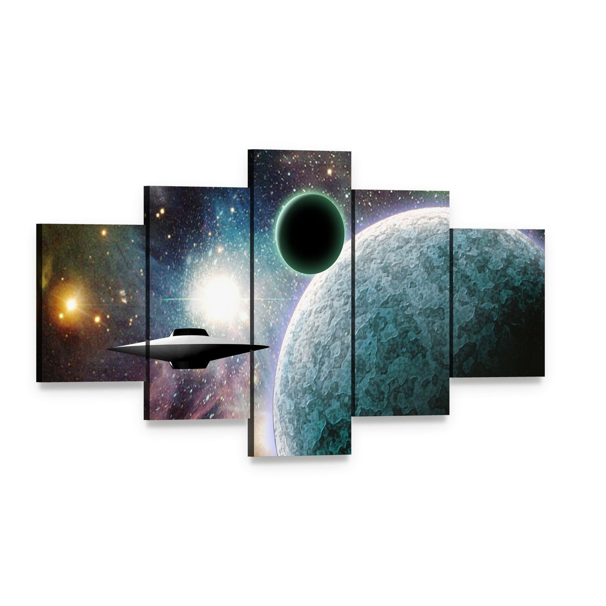 Aliens Ufo in Deep Space Canvas Wall Art, 5 panel 5 Star layout gallery wrapped canvas set, angled product view