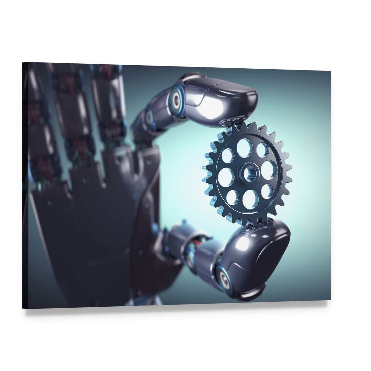 Robotic Hand Holding a Gear Canvas Wall Art, single panel gallery wrapped canvas, angled product view