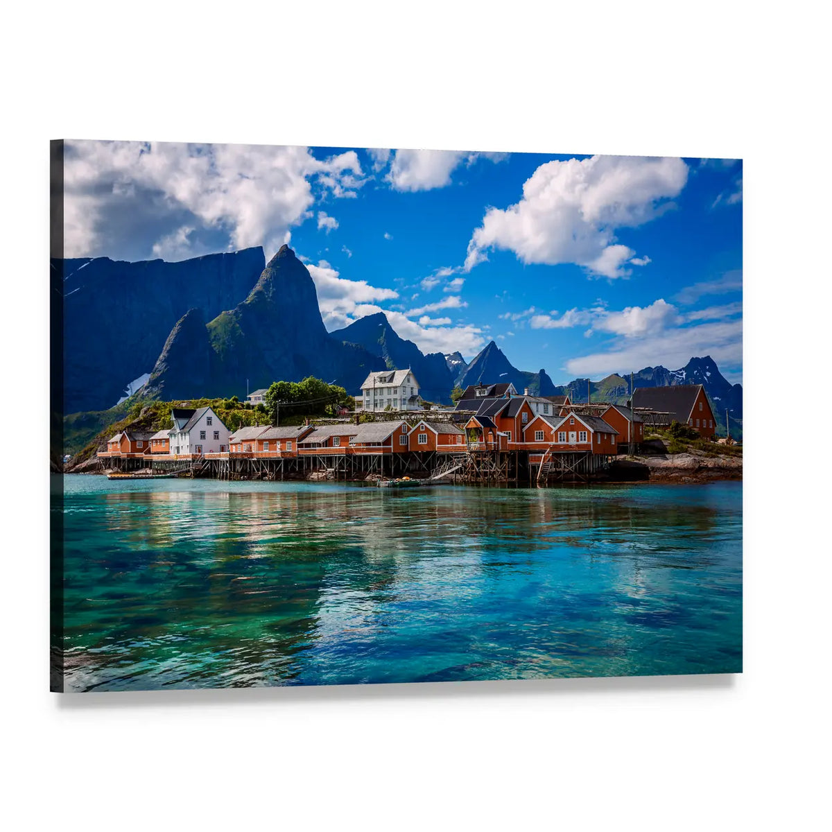 Lofoten Village by Turquoise Water Canvas Wall Art, single panel gallery wrapped canvas, angled product view