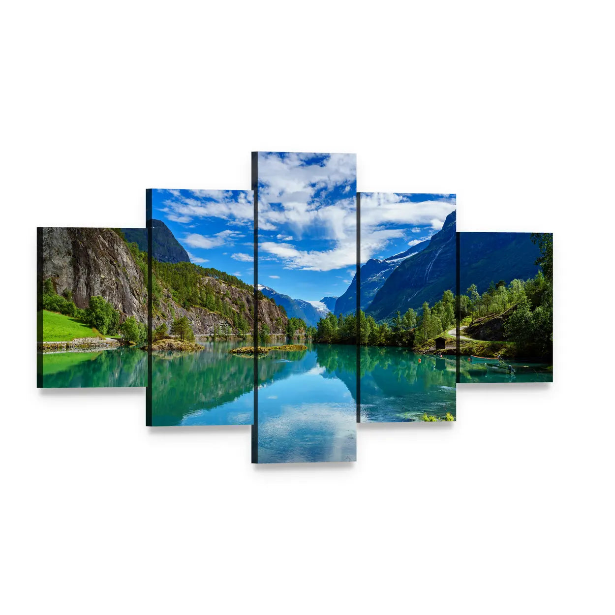 Norway Mountain Lake Reflection Canvas Wall Art, 5 panel 5 Star layout gallery wrapped canvas set, angled product view