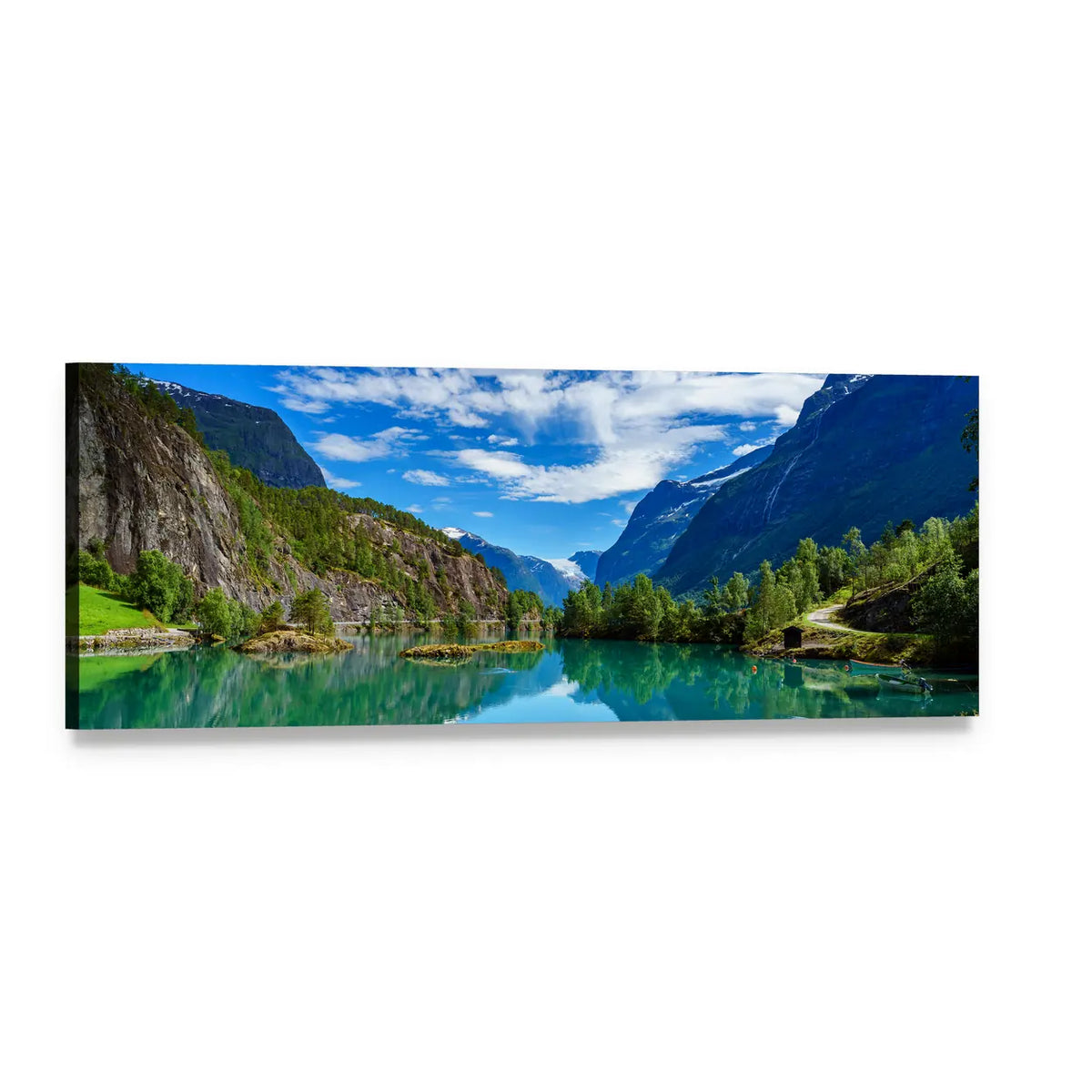 Norway Fjord with Mountain Reflections Panoramic Canvas Wall Art, single panel gallery wrapped canvas, angled product view