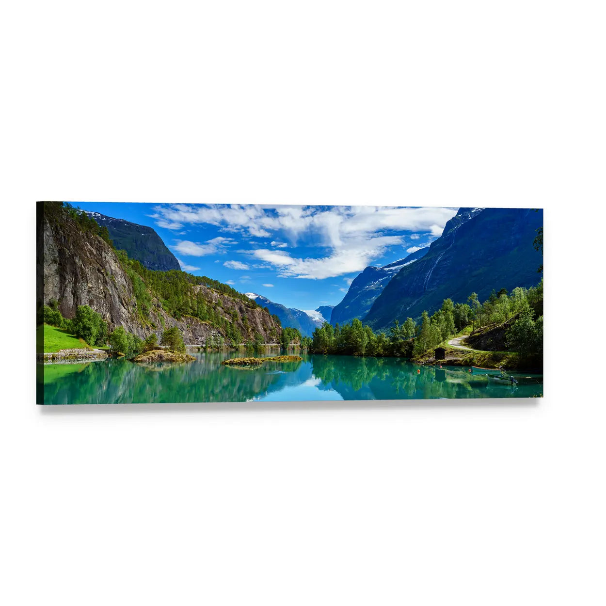 Norway Fjord with Mountain Reflections Panoramic Canvas Wall Art, single panel gallery wrapped canvas, angled product view