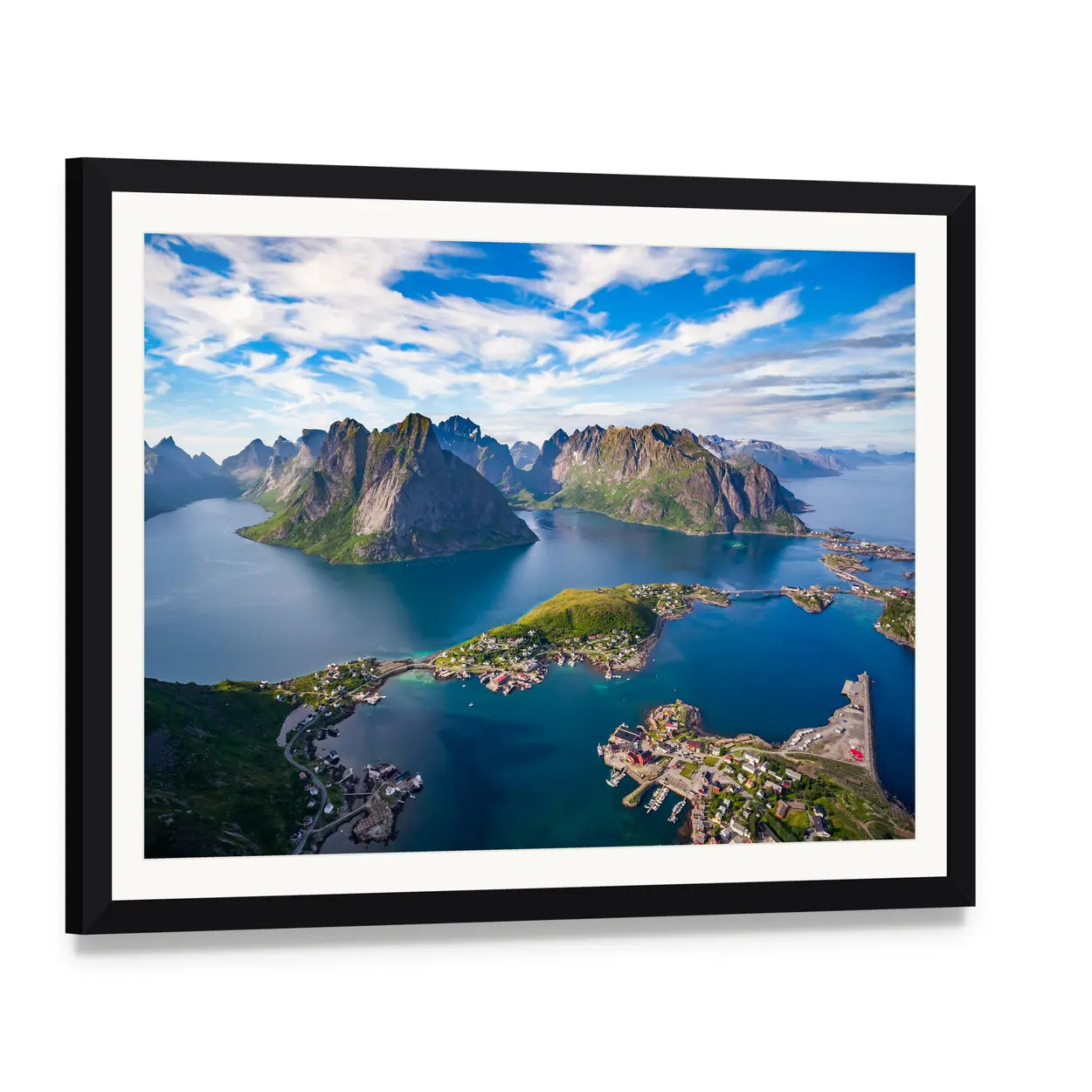 Aerial View of Lofoten Islands, Norway Canvas Wall Art, framed print with white mat and black frame, angled product view