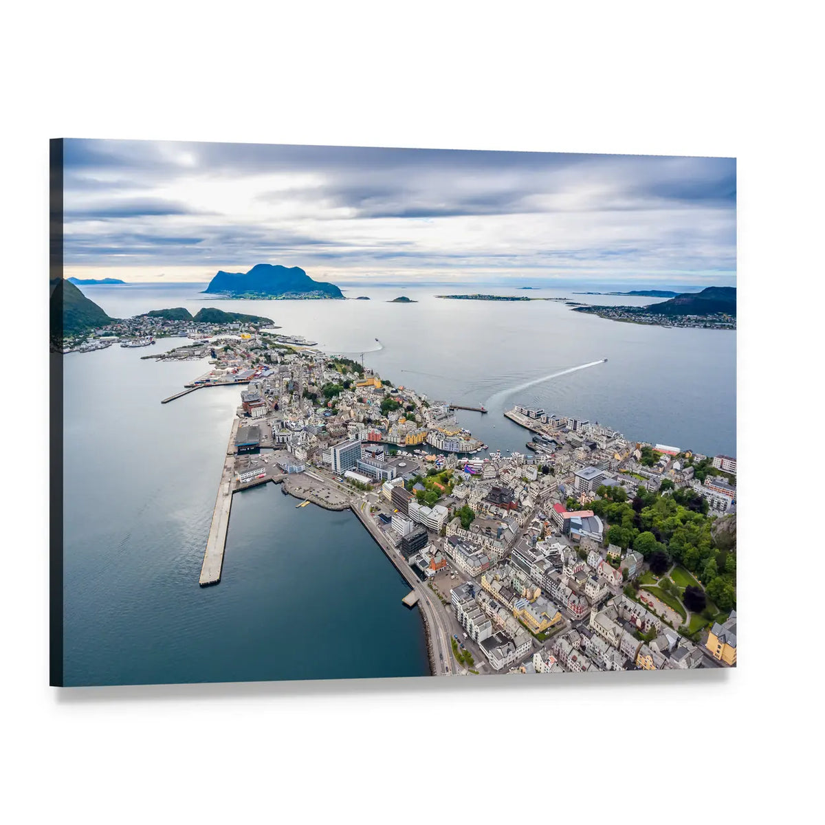Aerial View of Alesund Harbor Canvas Wall Art, single panel gallery wrapped canvas, angled product view