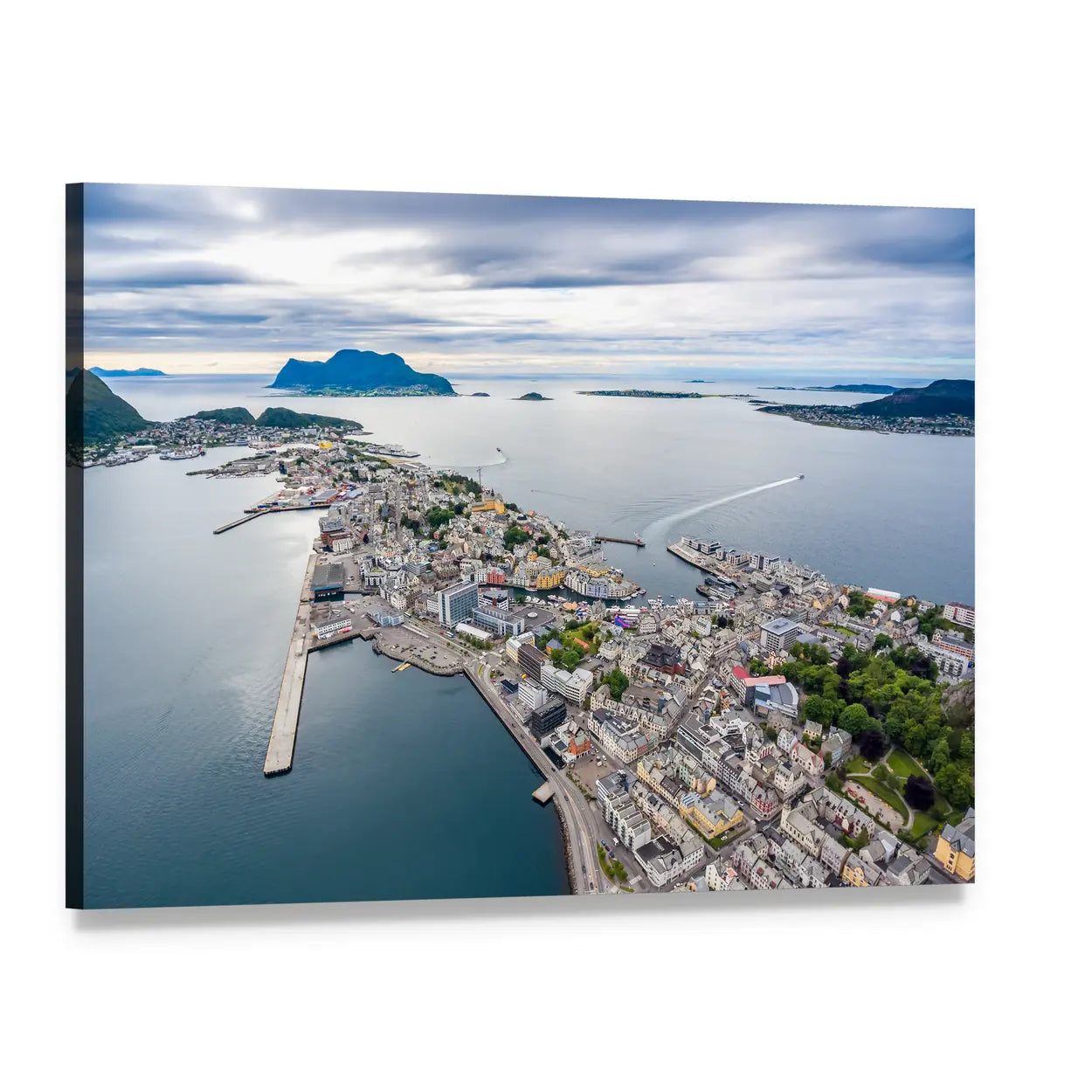 Aerial View of Alesund Harbor Canvas Wall Art, single panel gallery wrapped canvas, angled product view