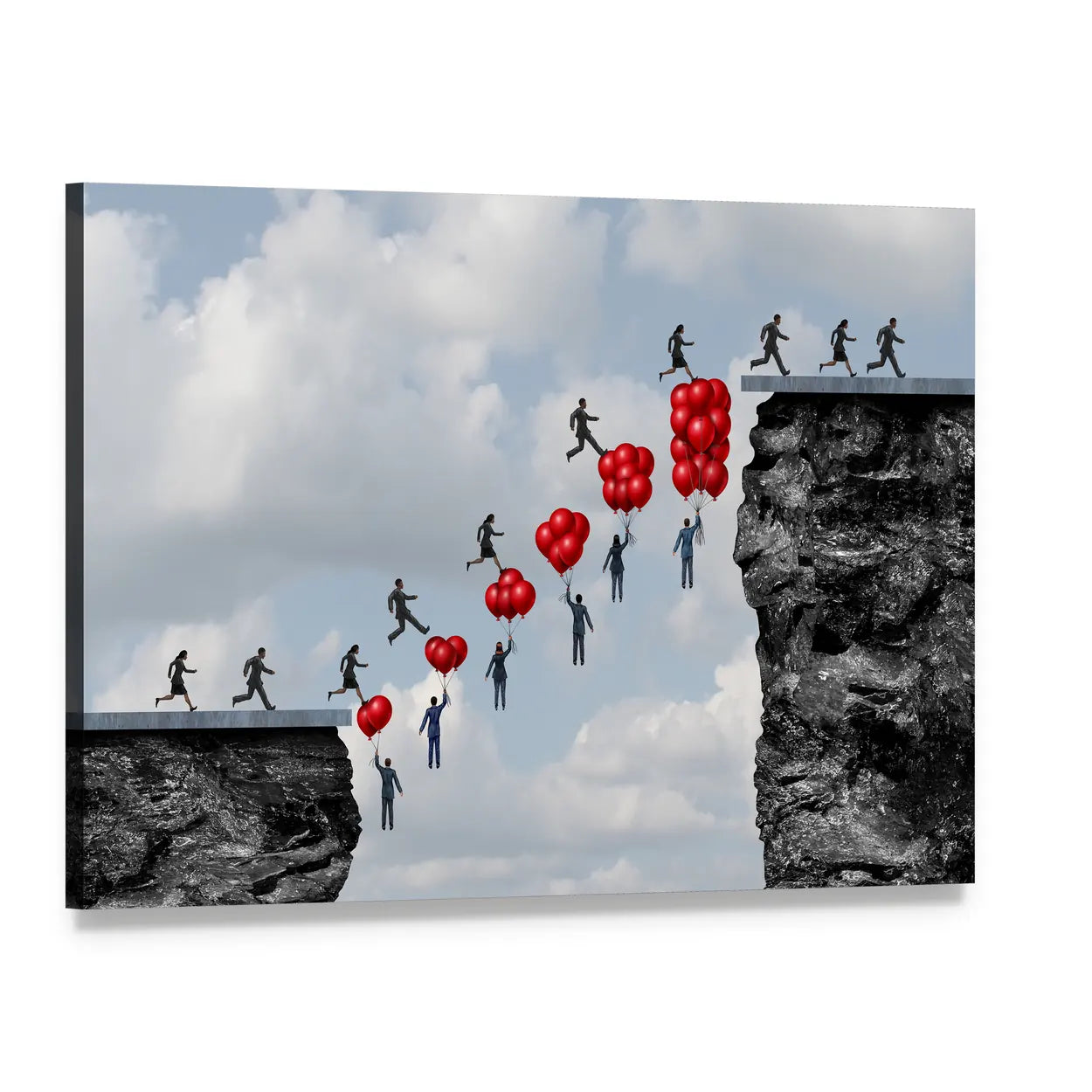 Team Silhouettes Crossing a Cliff with Red Balloons Canvas Wall Art, single panel gallery wrapped canvas, angled product view