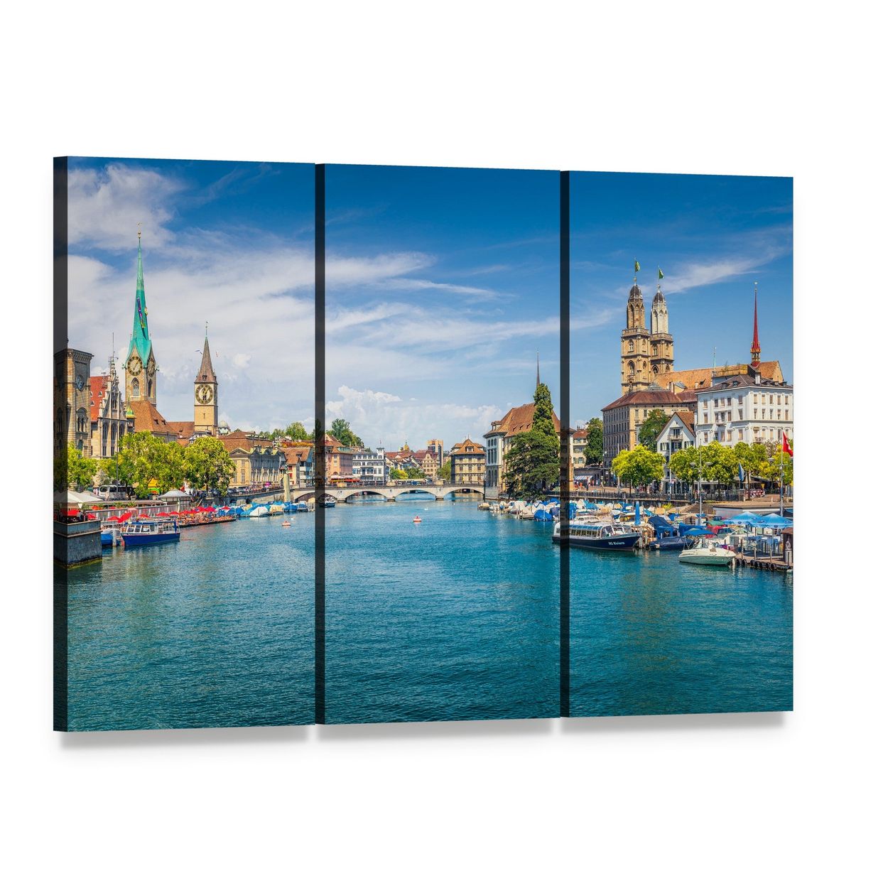 Lakeside Church Spire with Docked Boats Canvas Wall Art, 3 panel 3 Horizontal layout gallery wrapped canvas set, angled product view