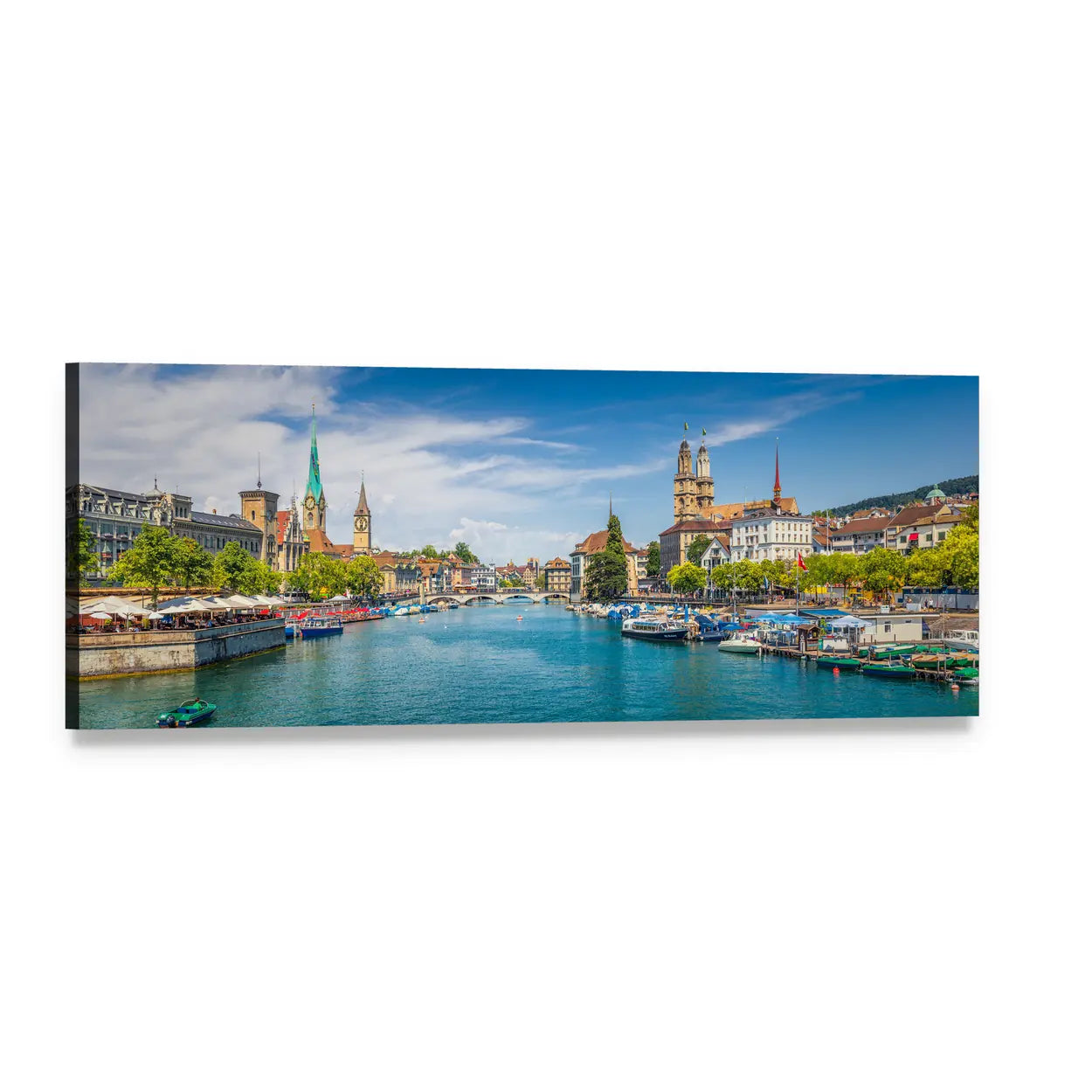 Lake Zurich Riverfront with Grossmünster Towers Panoramic Canvas Wall Art, single panel gallery wrapped canvas, angled product view