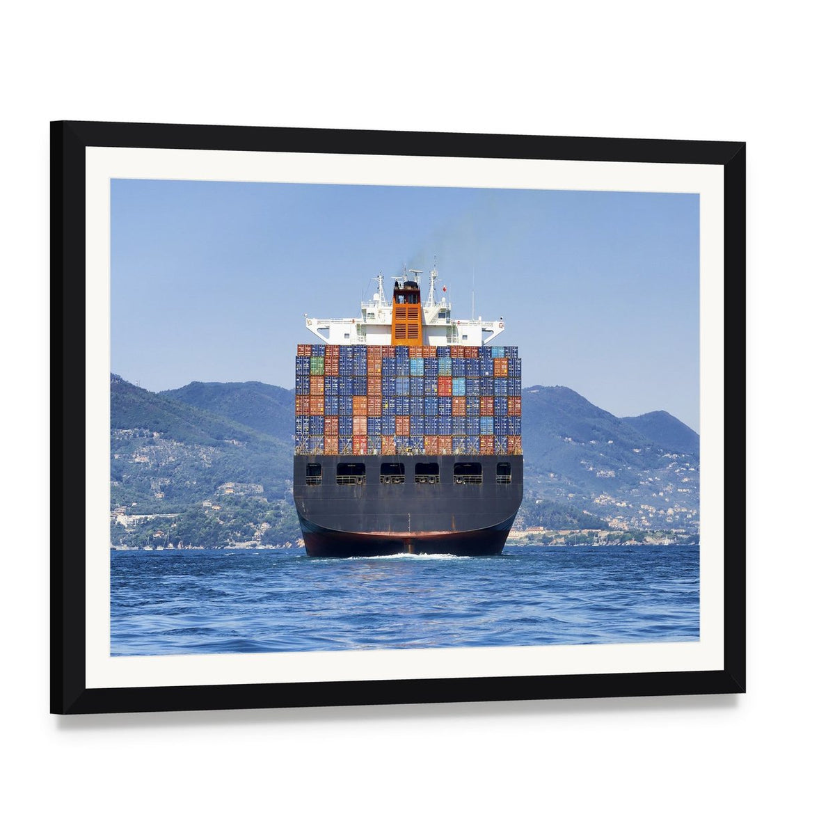 Cargo Container Ship at Sea Canvas Wall Art, framed print with white mat and black frame, angled product view