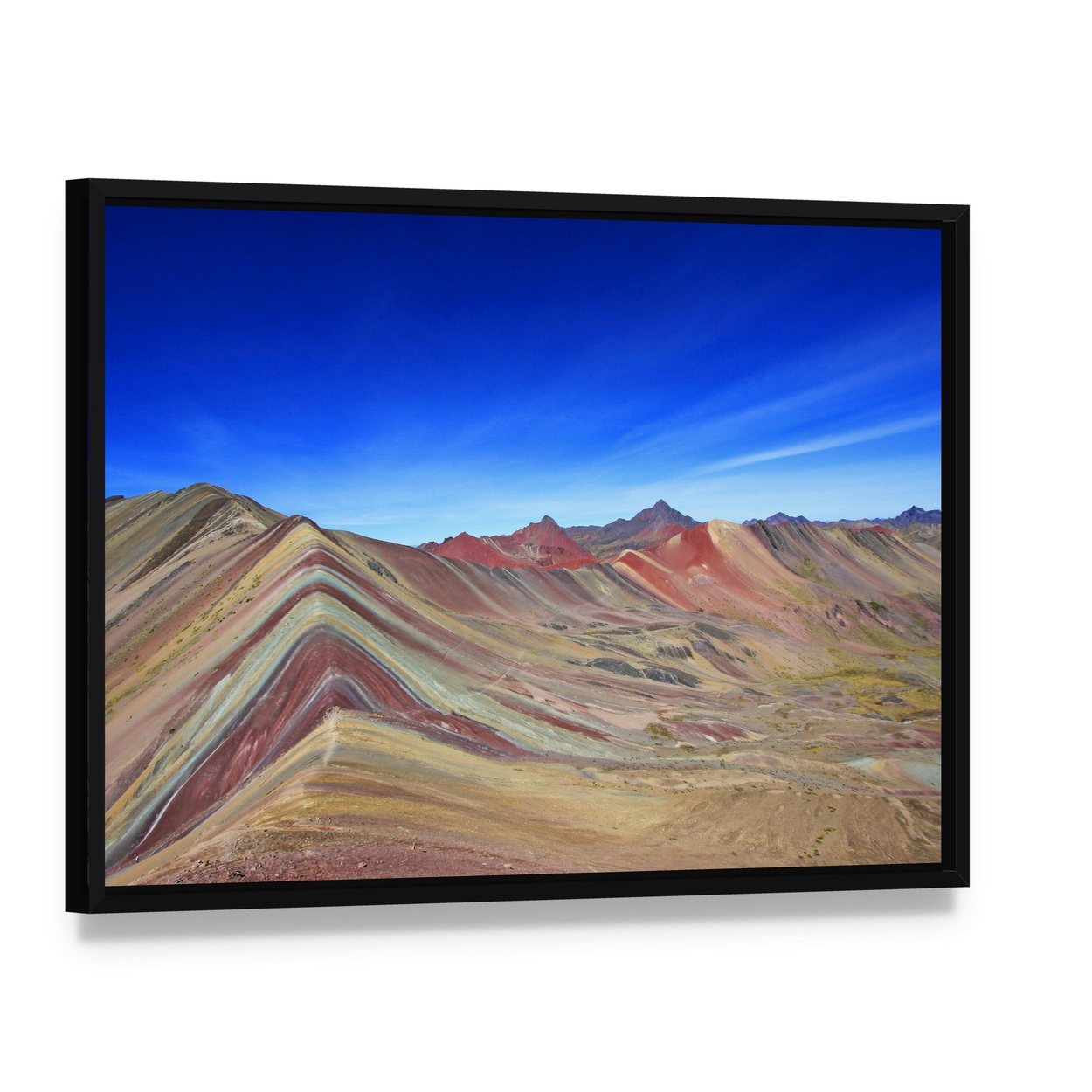 Majestic Rainbow Mountain in Peru Canvas Wall Art, framed canvas in a black floater frame, angled product view