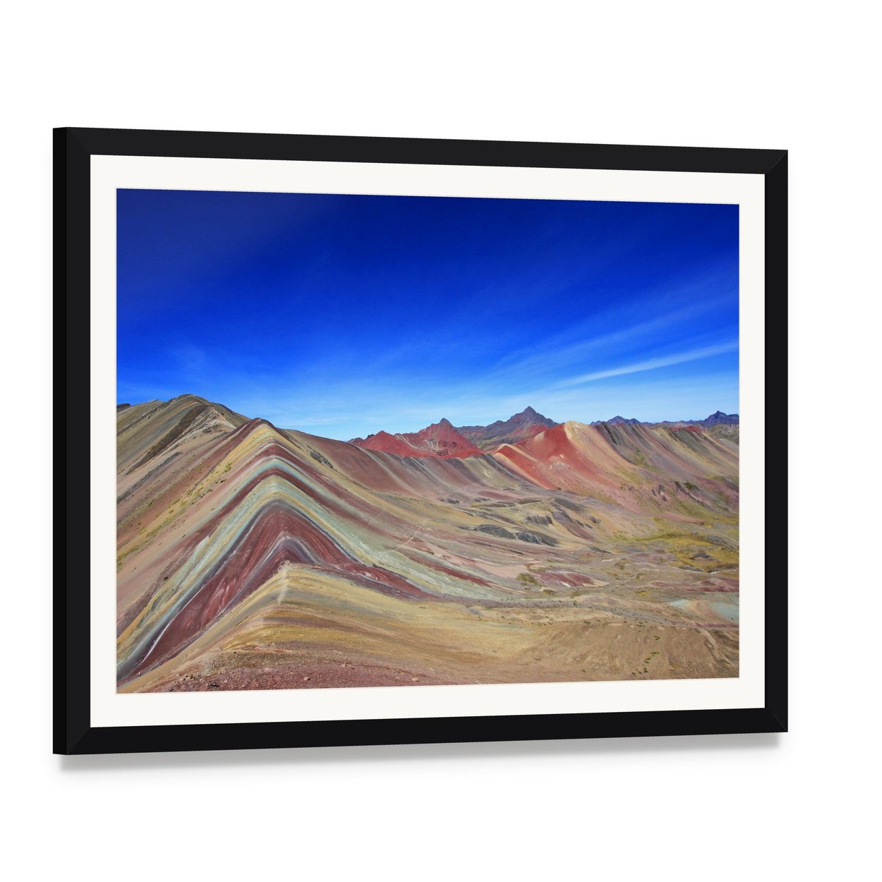 Majestic Rainbow Mountain in Peru Canvas Wall Art, framed print with white mat and black frame, angled product view