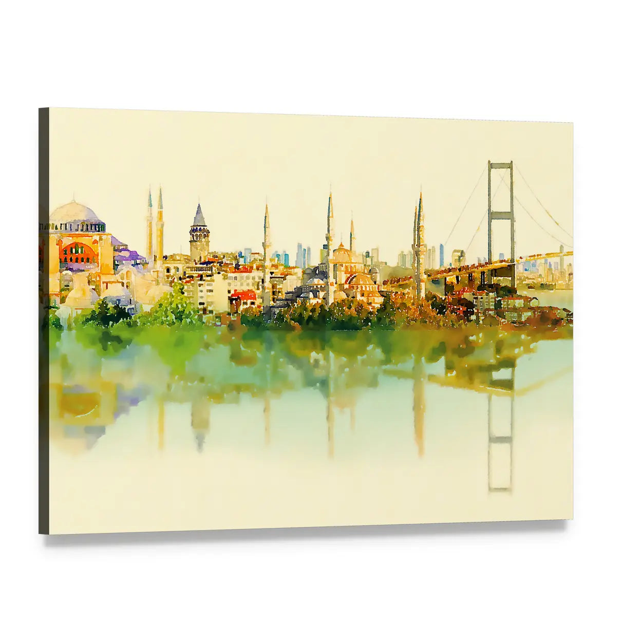 Istanbul Watercolor Skyline with Hagia Sophia Reflection Canvas Wall Art, single panel gallery wrapped canvas, angled product view