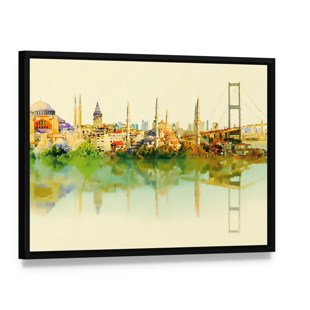 Istanbul Watercolor Skyline with Hagia Sophia Reflection Canvas Wall Art, framed canvas in a black floater frame, angled product view