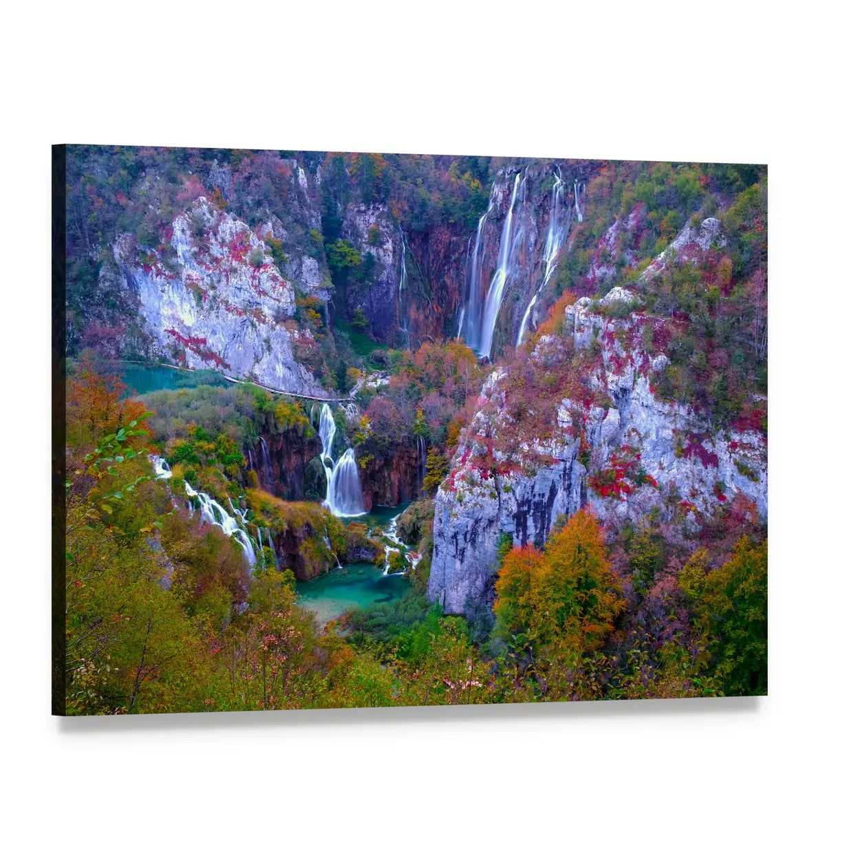 Plitvice National Park Waterfalls Canvas Wall Art, single panel gallery wrapped canvas, angled product view