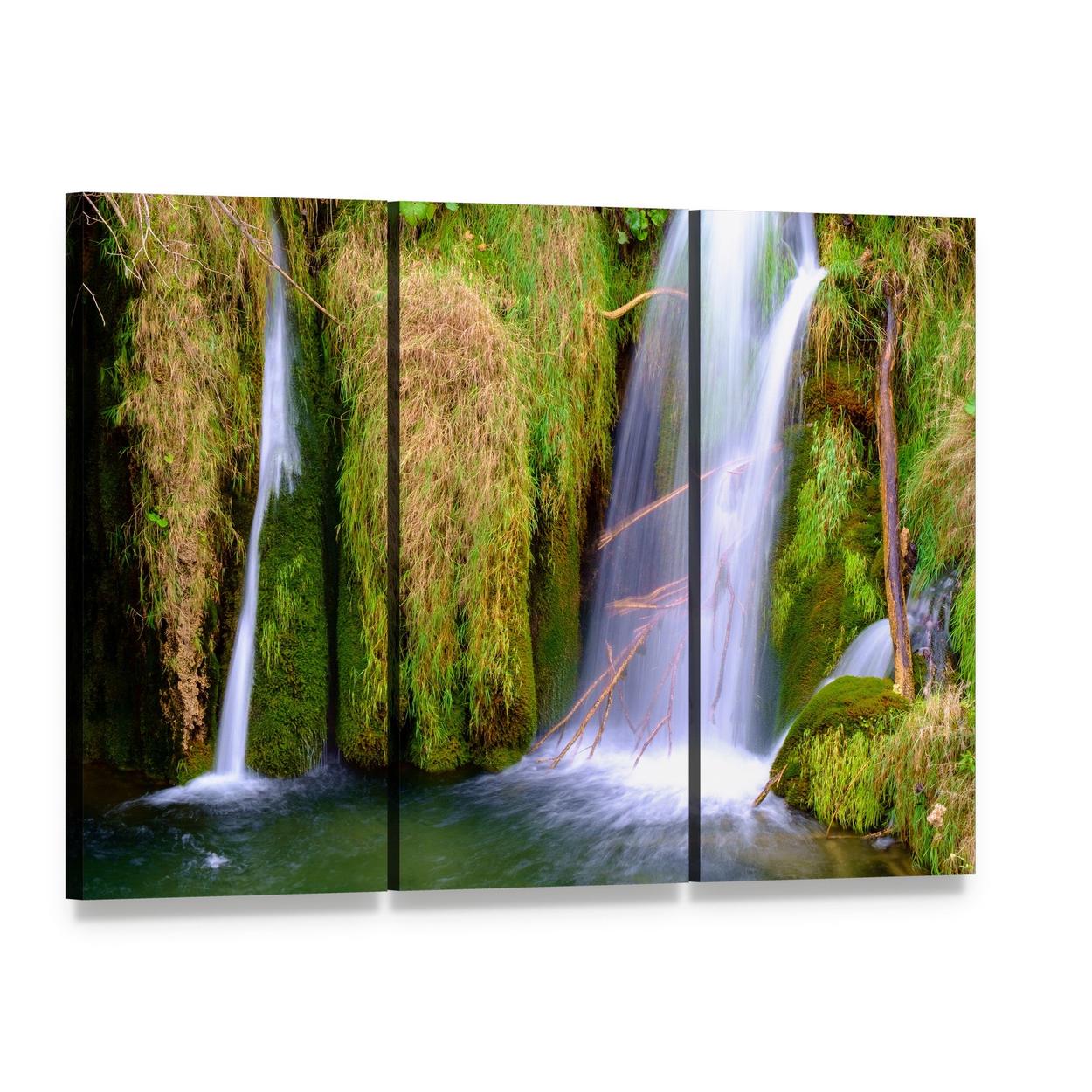 Waterfall in Plitvice National Park Canvas Wall Art, 3 panel 3 Horizontal layout gallery wrapped canvas set, angled product view