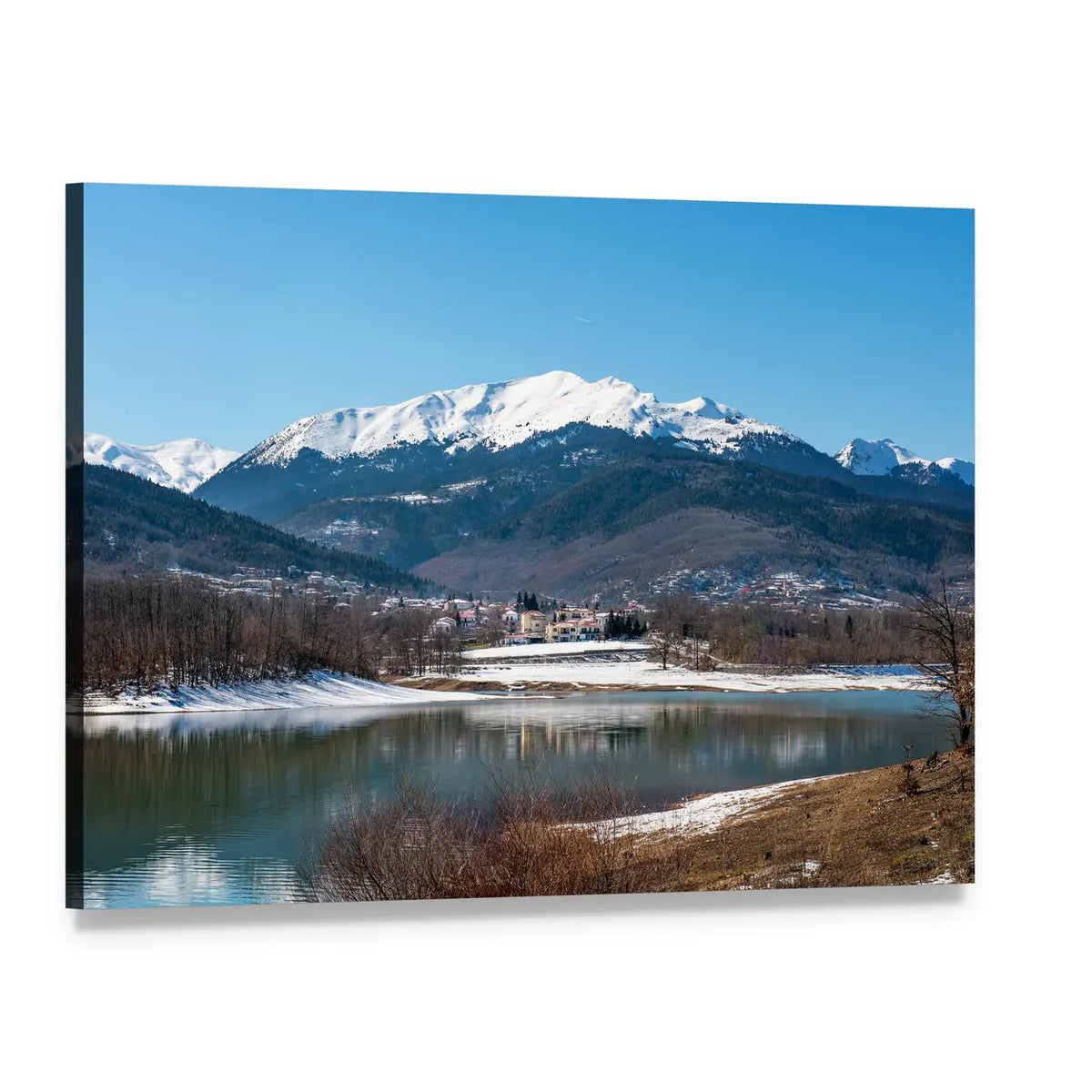 Winter Lake with Snow-capped Mountains and Village Canvas Wall Art, single panel gallery wrapped canvas, angled product view