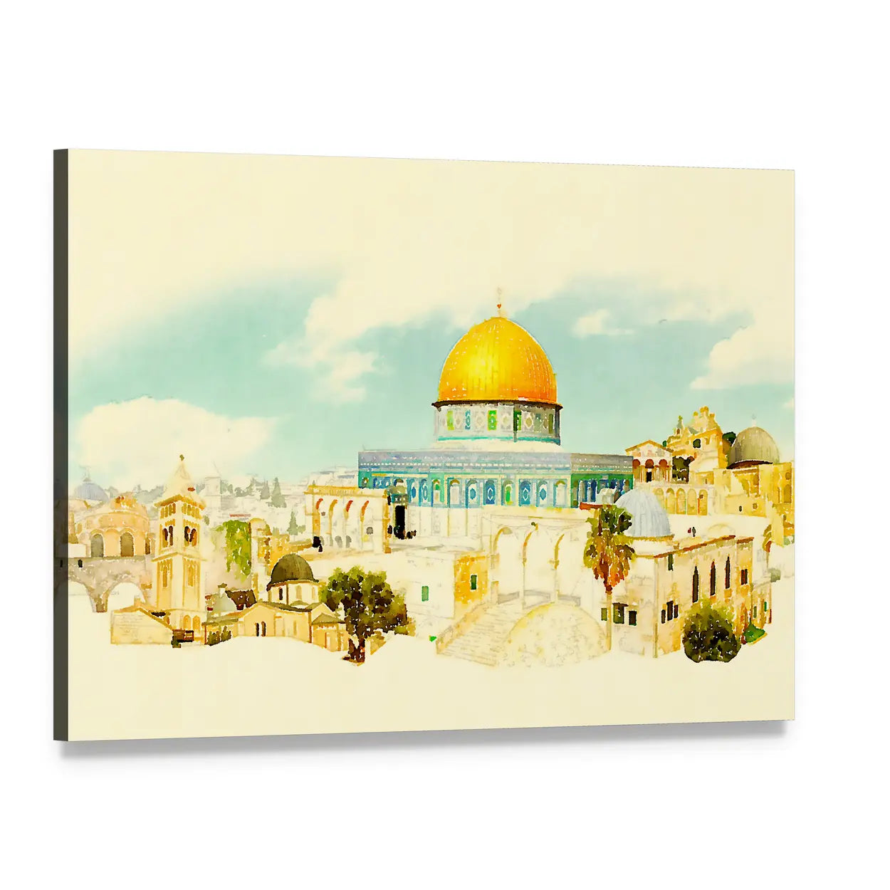 Jerusalem Old City Watercolor Illustration Canvas Wall Art, single panel gallery wrapped canvas, angled product view