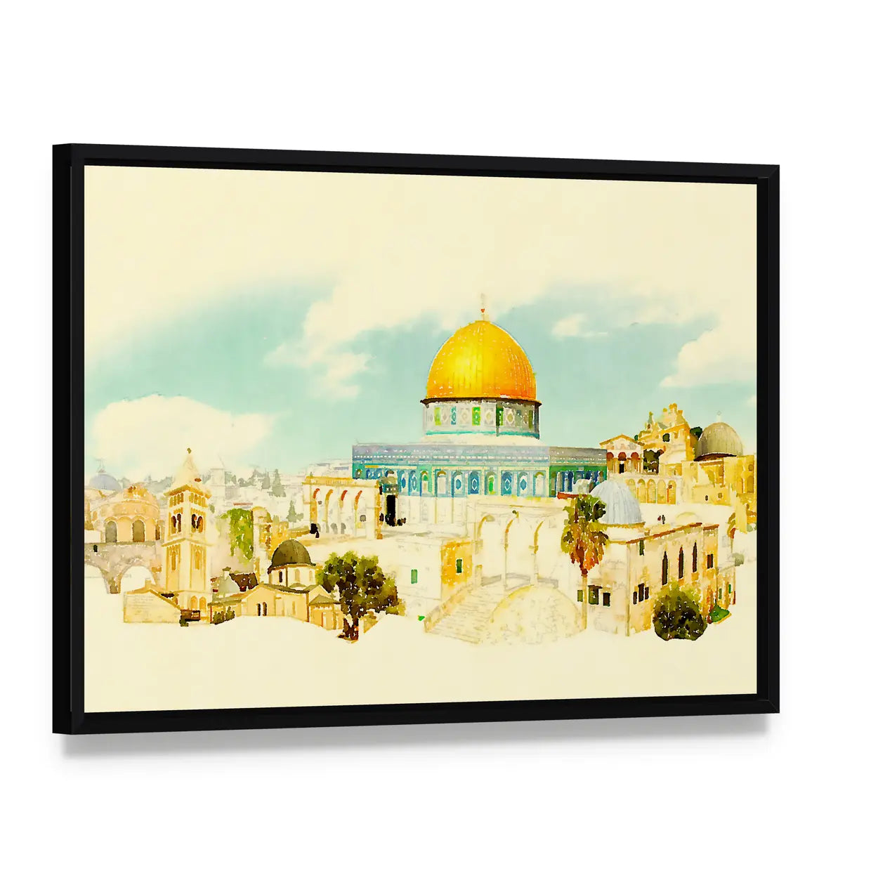 Jerusalem Old City Watercolor Illustration Canvas Wall Art, framed canvas in a black floater frame, angled product view